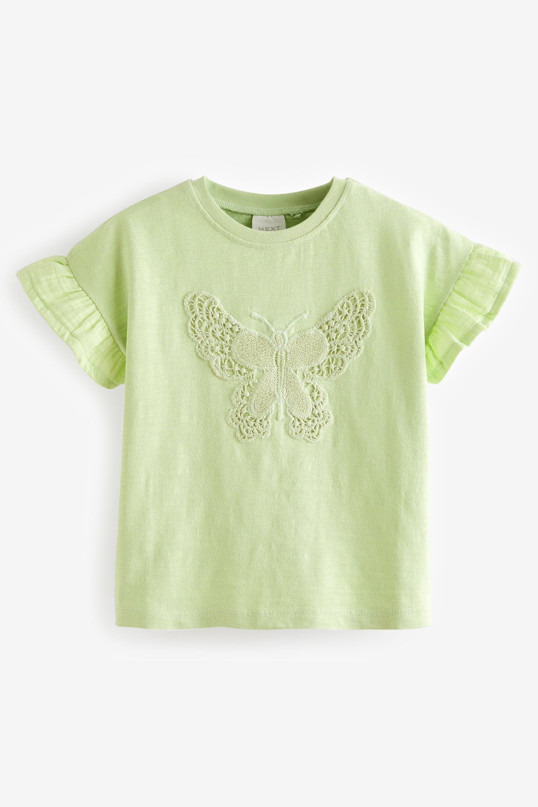 Pale Green Crochet Butterfly 100% Cotton T-Shirt (3mths-7yrs)