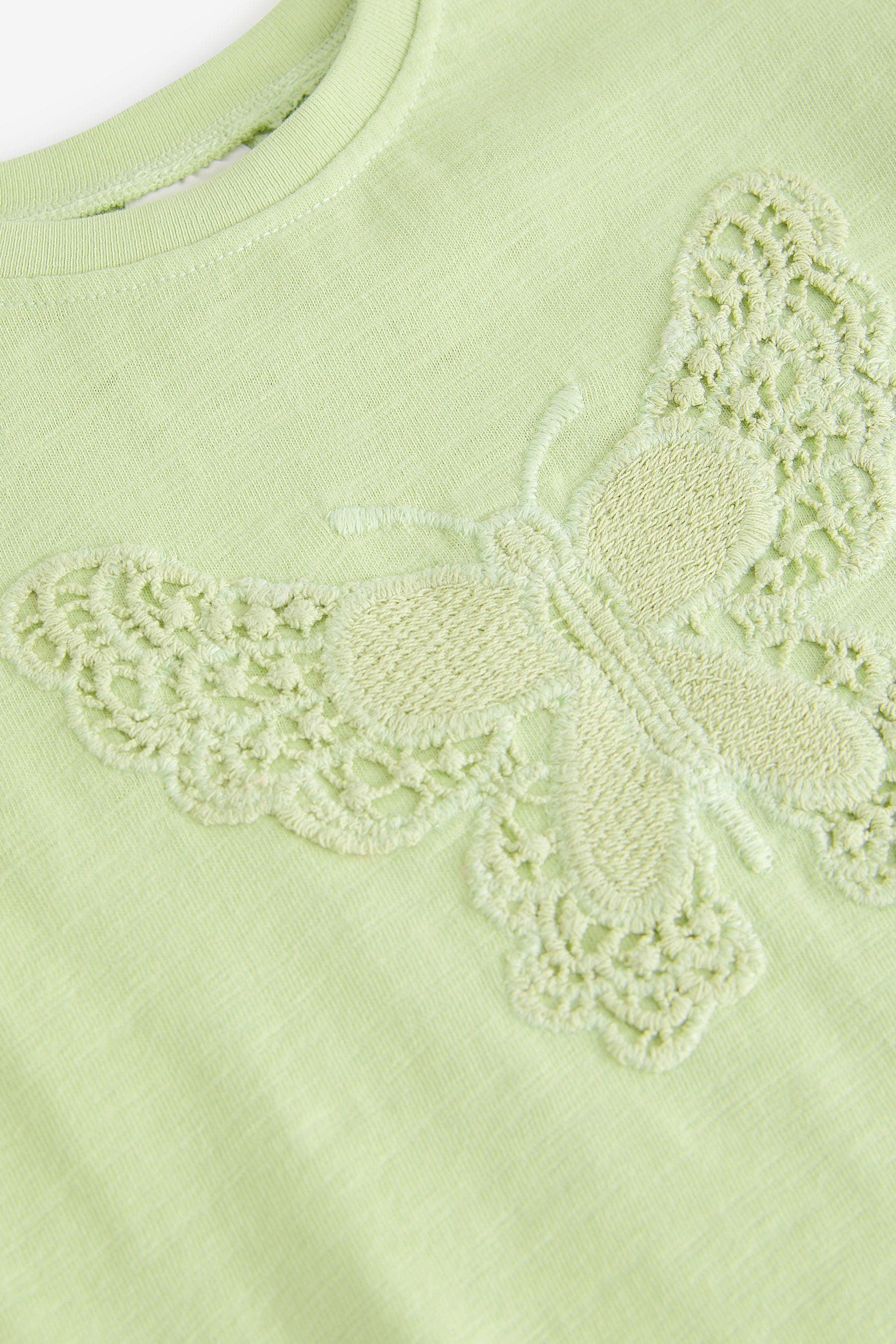 Pale Green Crochet Butterfly 100% Cotton T-Shirt (3mths-7yrs)