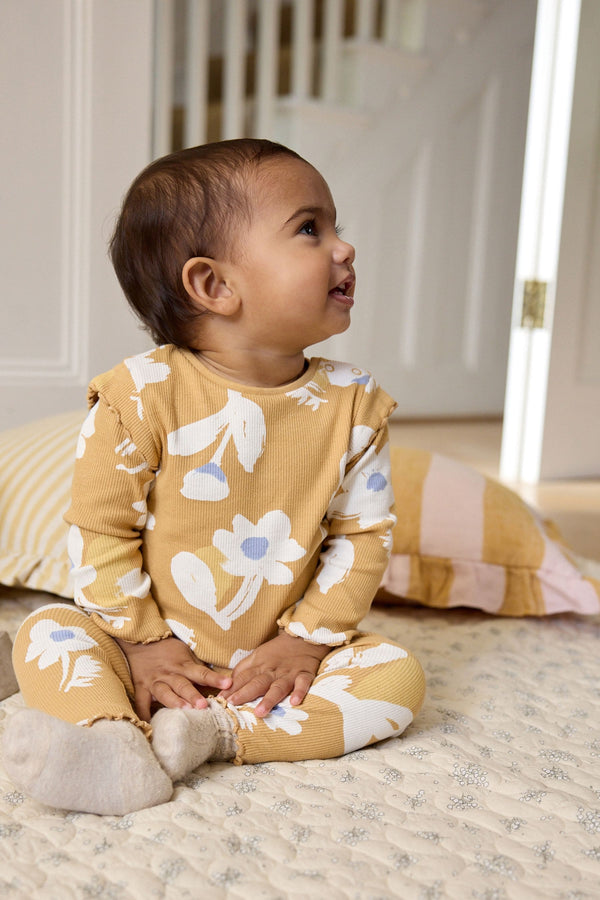 Ochre Yellow Floral Baby Top And Leggings Set