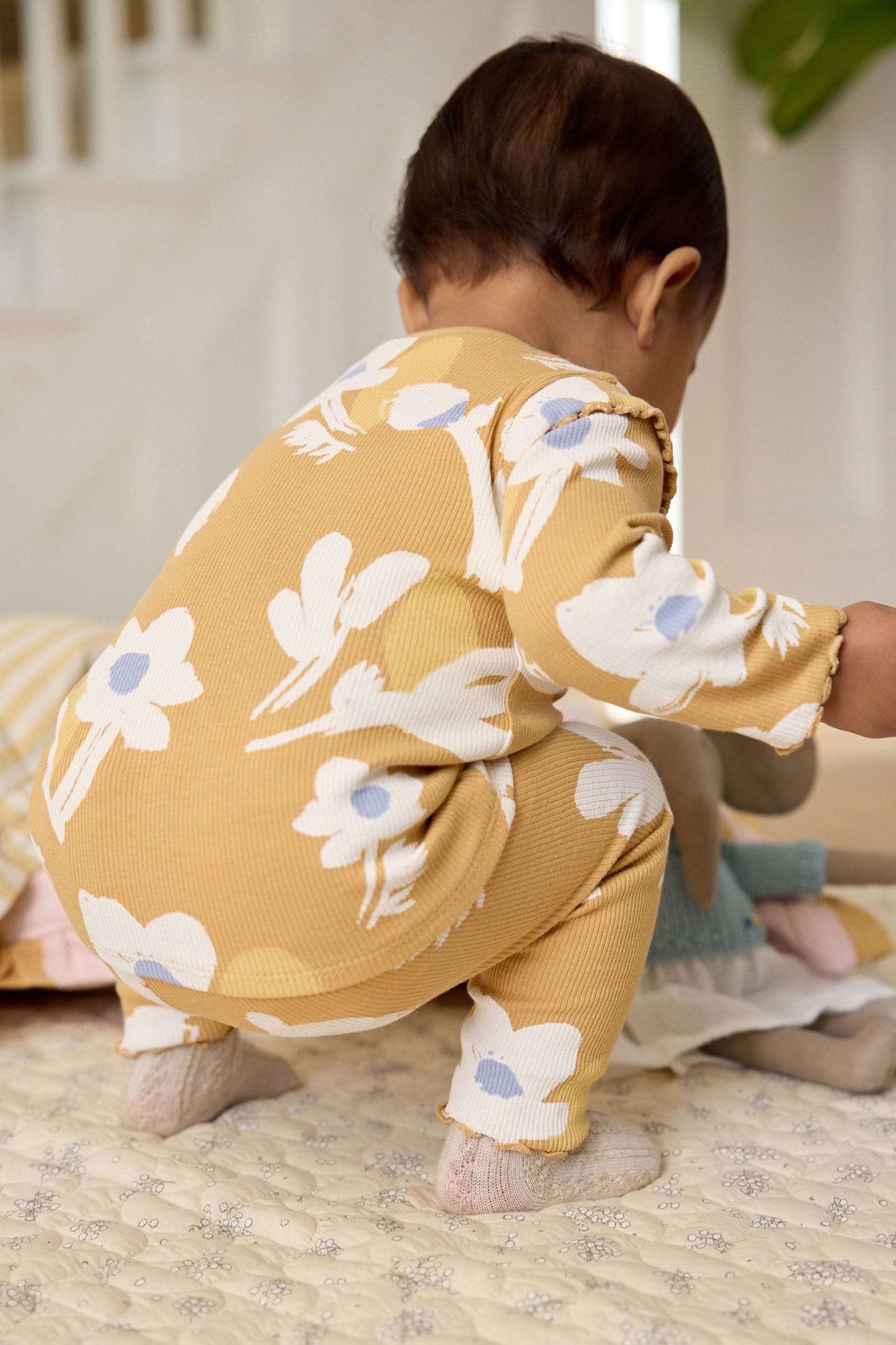 Ochre Yellow Floral Baby Top And Leggings Set