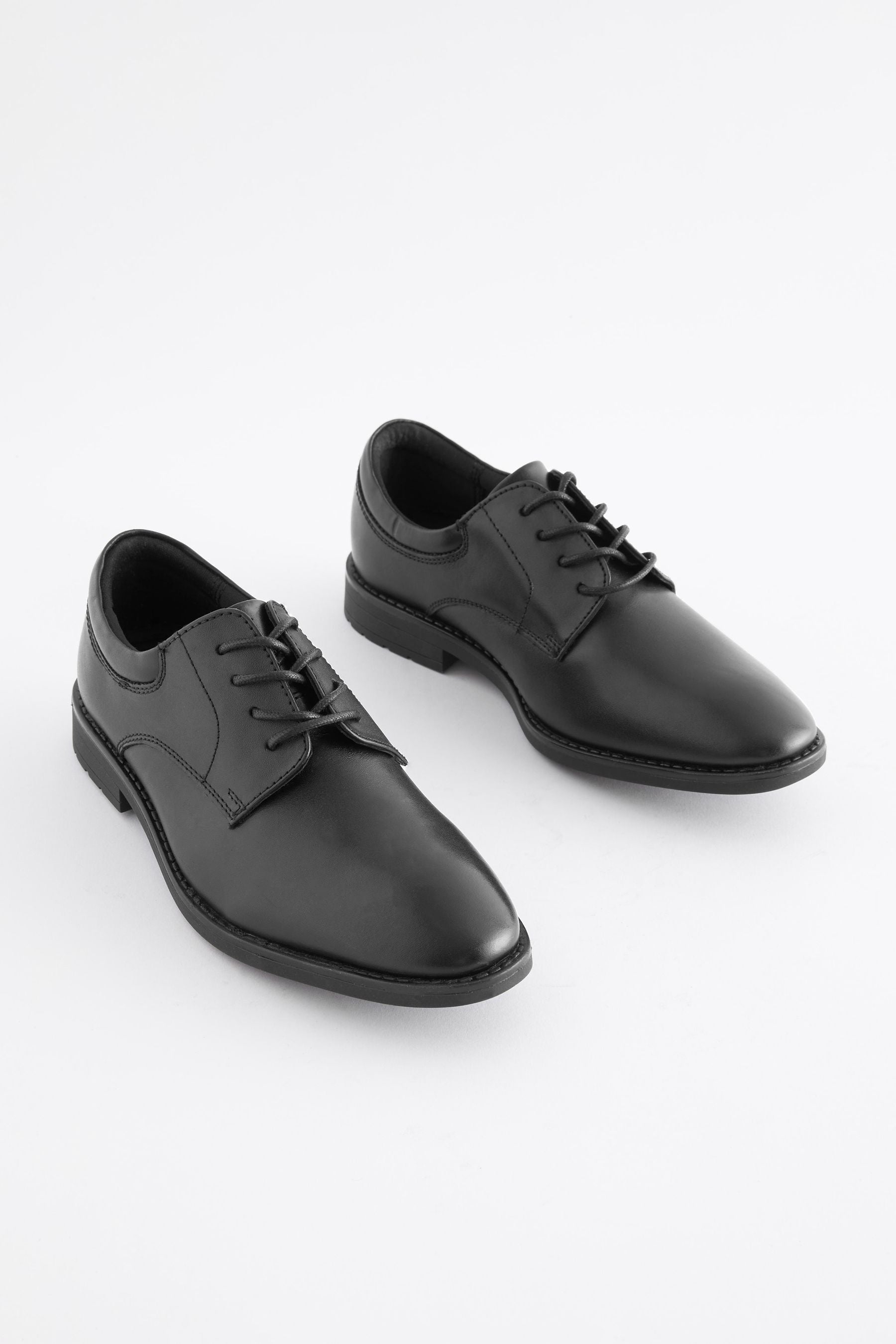 Black School Leather Plain Front  Lace-Up Shoes