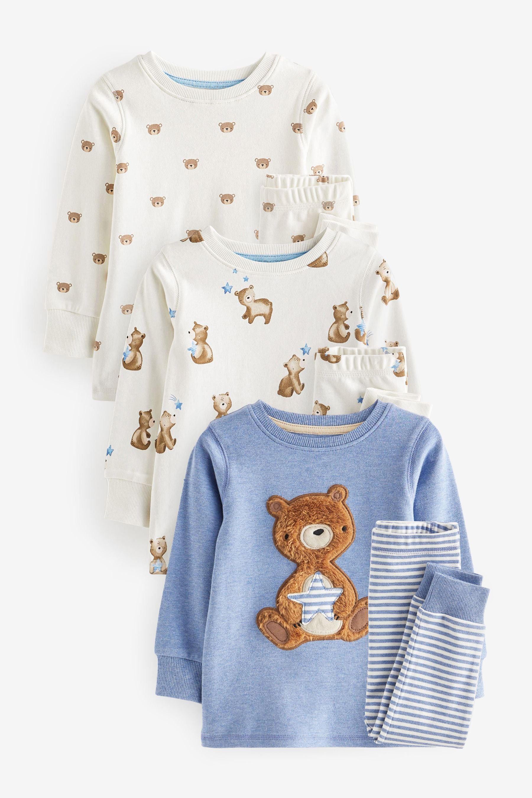 Light Blue Bear 100% Cotton Long Sleeve Pyjamas Set 3 Pack (9mths-6yrs)