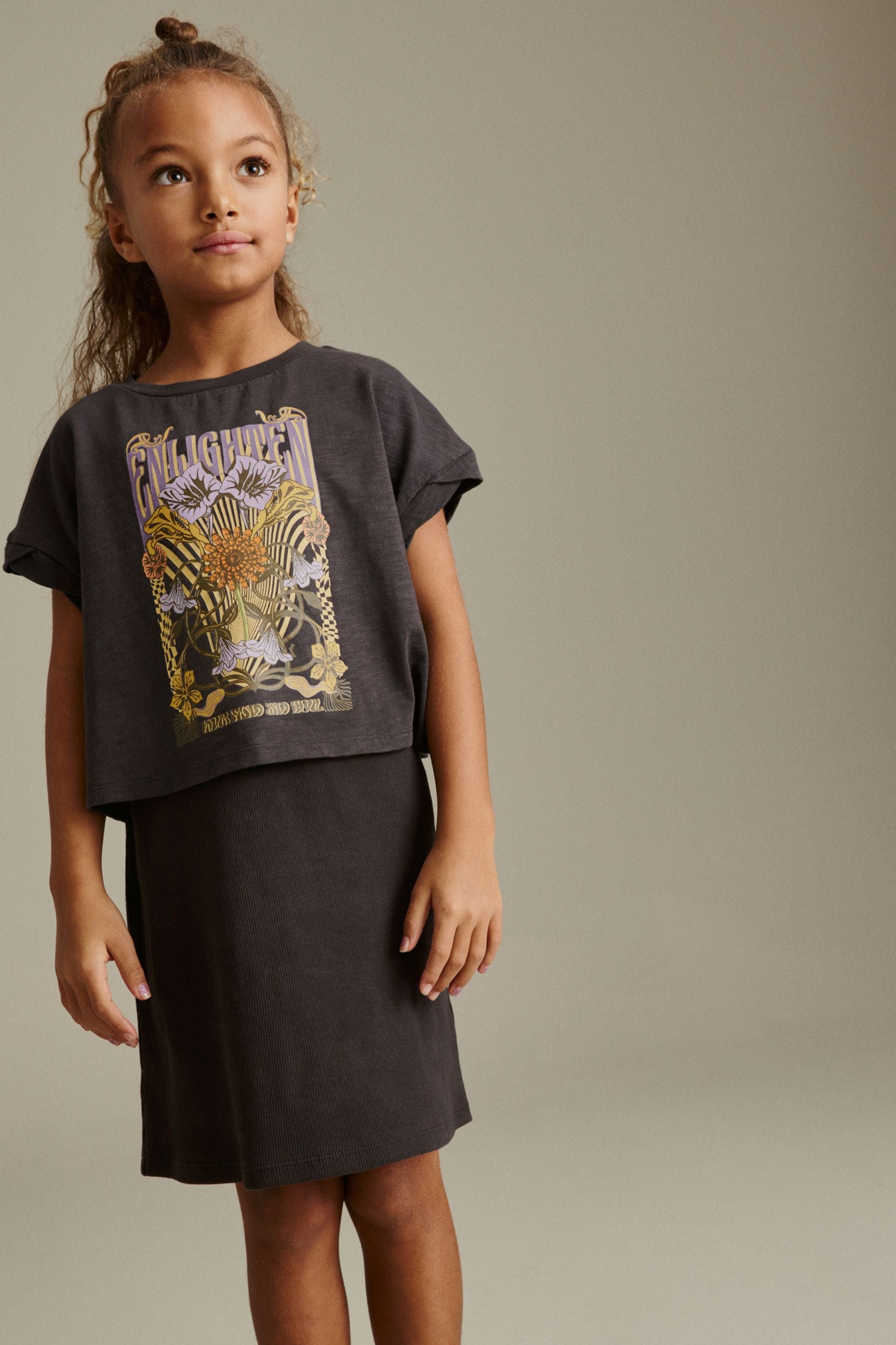 Charcoal Grey Retro Floral Graphic 2-in-1 Rib Dress And T-Shirt (3-16yrs)