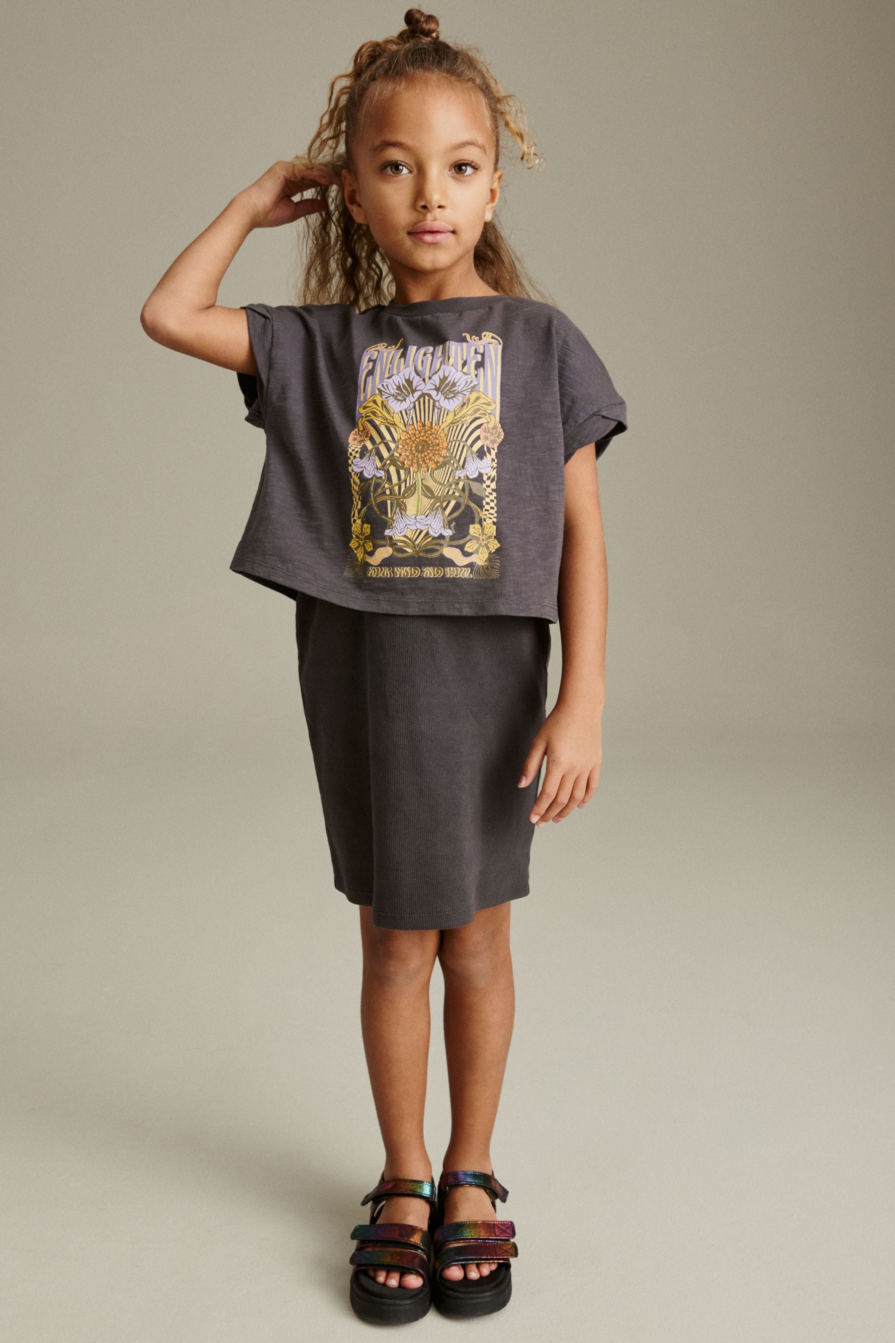 Charcoal Grey Retro Floral Graphic 2-in-1 Rib Dress And T-Shirt (3-16yrs)