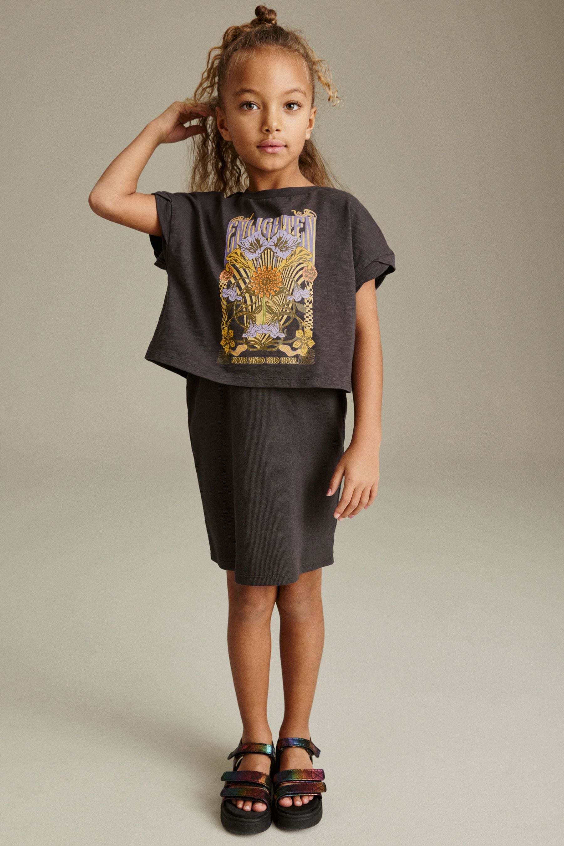 Charcoal Grey Retro Floral Graphic 2-in-1 Rib Dress And T-Shirt (3-16yrs)