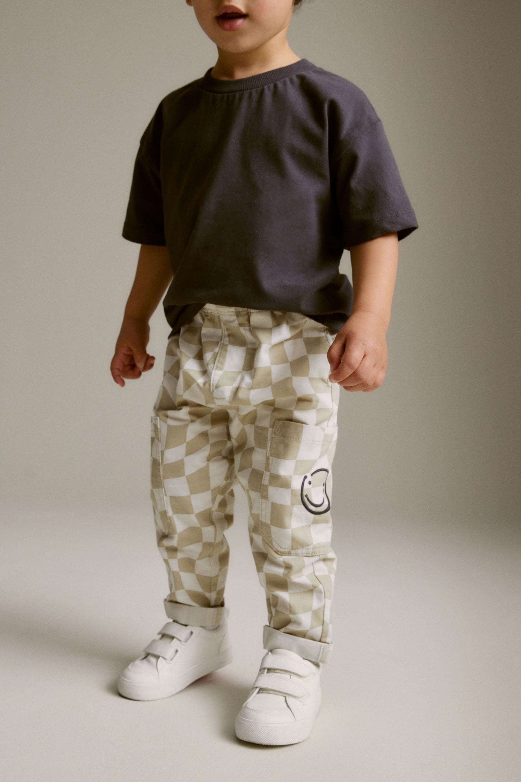 Neutral Checkerboard 100% Cotton Side Pocket Pull-On Trousers (3mths-7yrs)