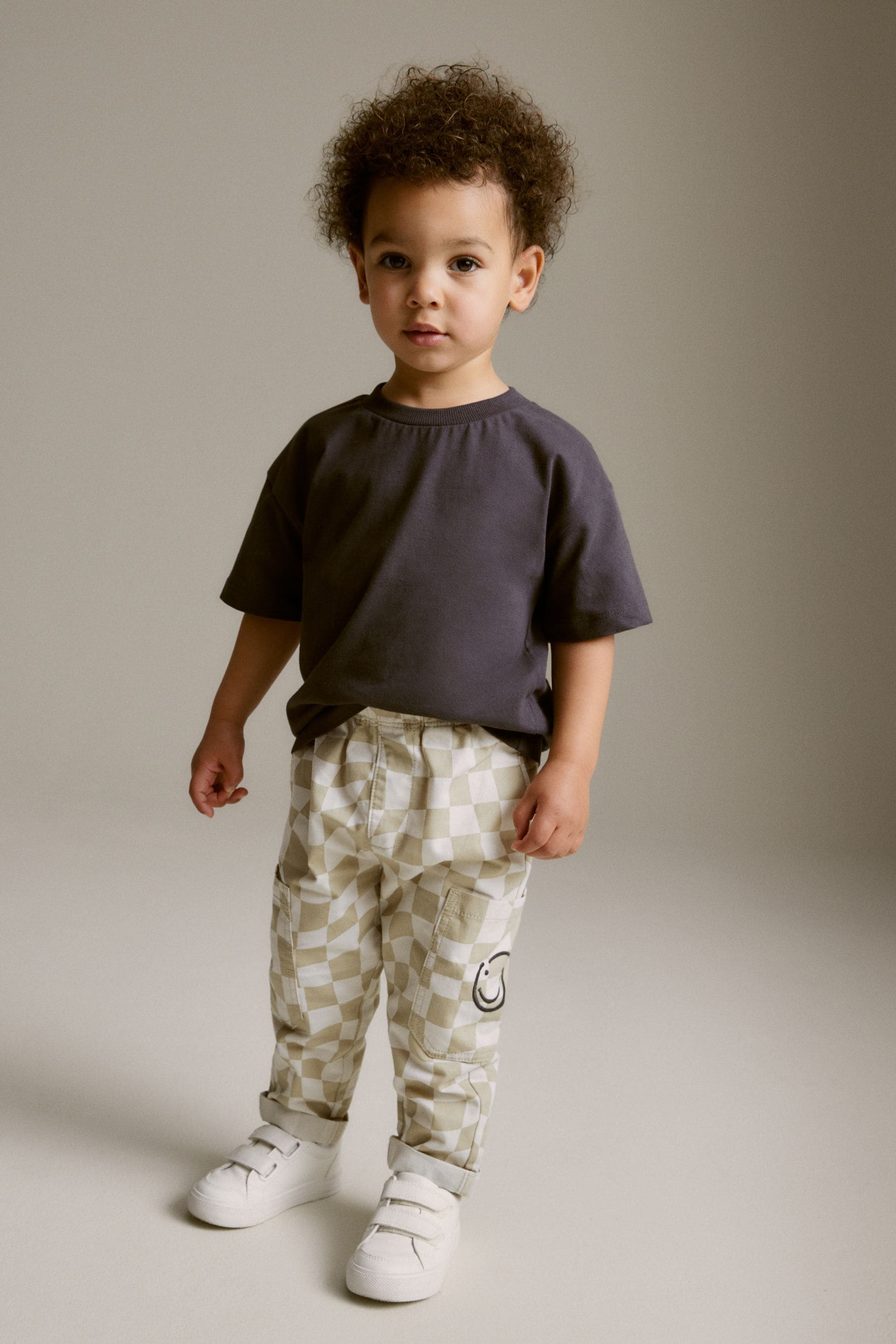 Neutral Checkerboard 100% Cotton Side Pocket Pull-On Trousers (3mths-7yrs)