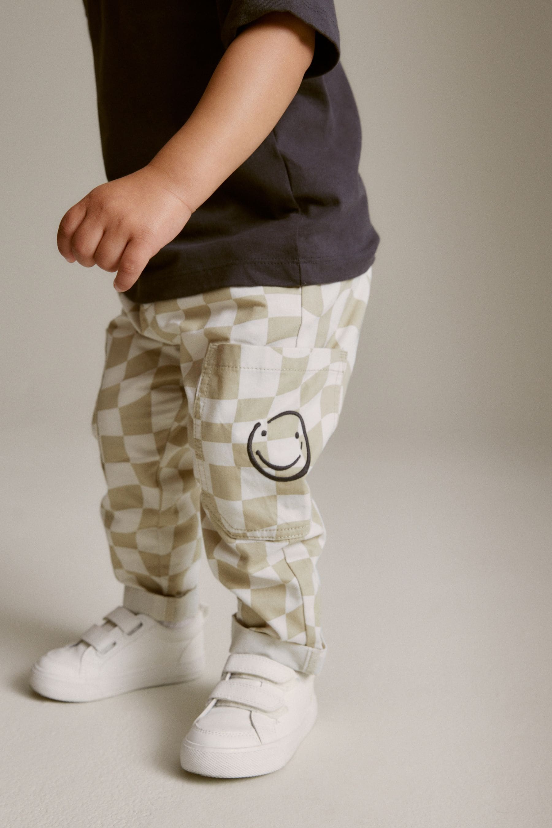 Neutral Checkerboard 100% Cotton Side Pocket Pull-On Trousers (3mths-7yrs)