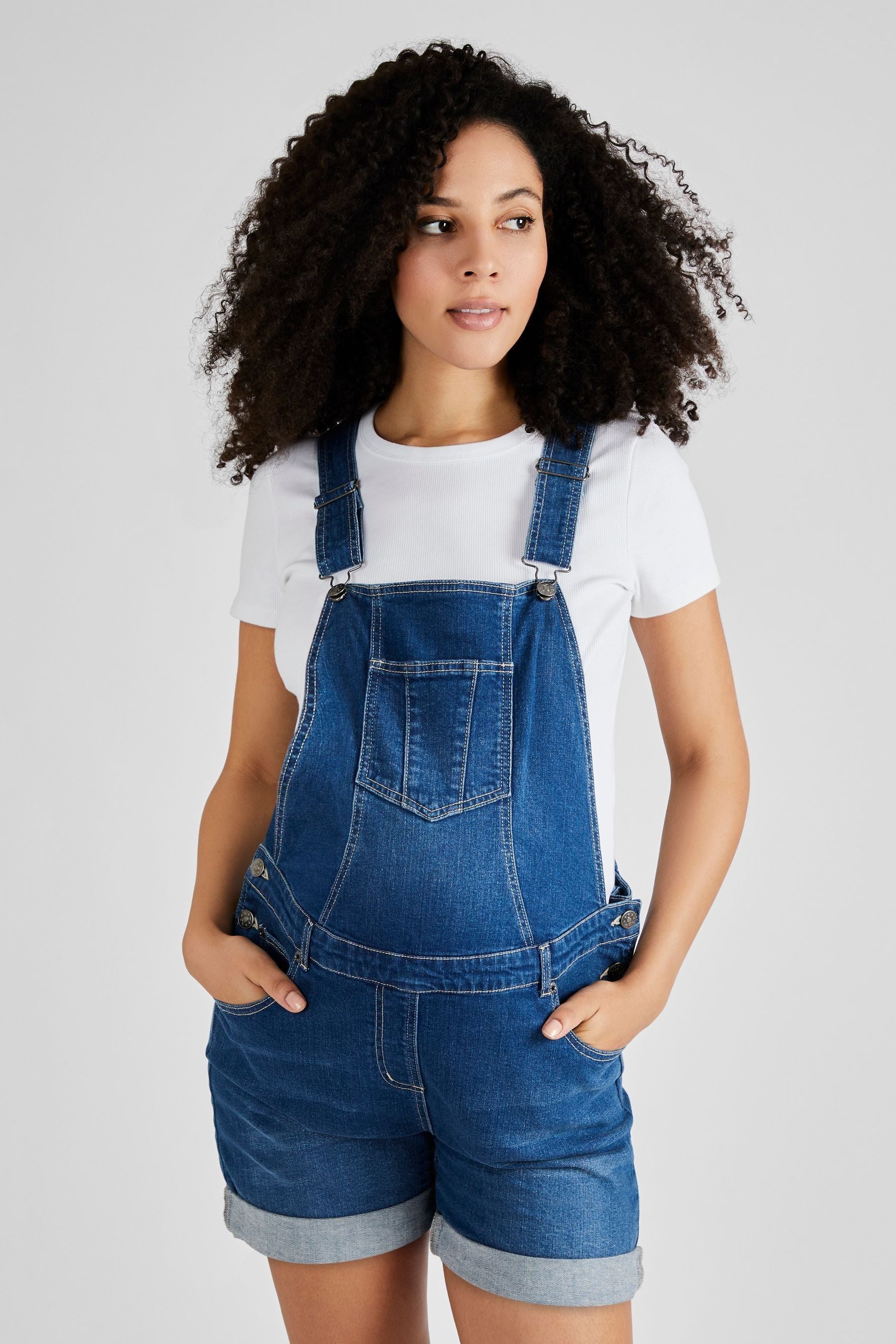 Mid Wash Blue JoJo Maman Bébé Denim Short Maternity Dungarees