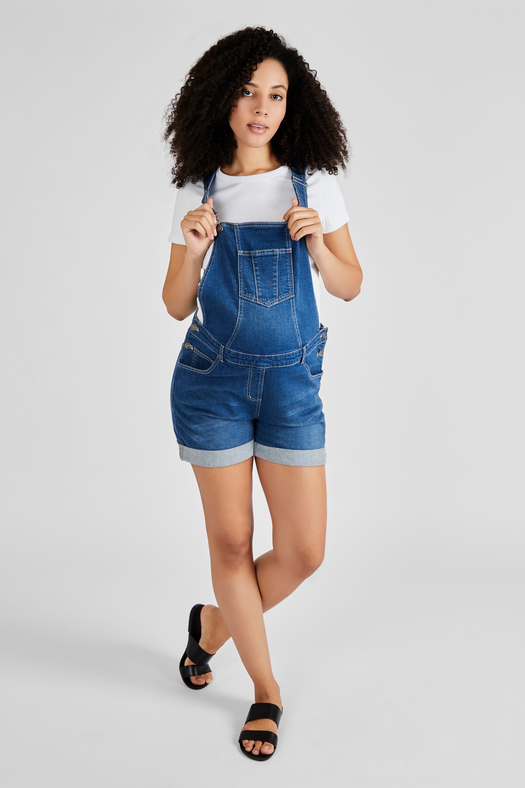 Mid Wash Blue JoJo Maman Bébé Denim Short Maternity Dungarees