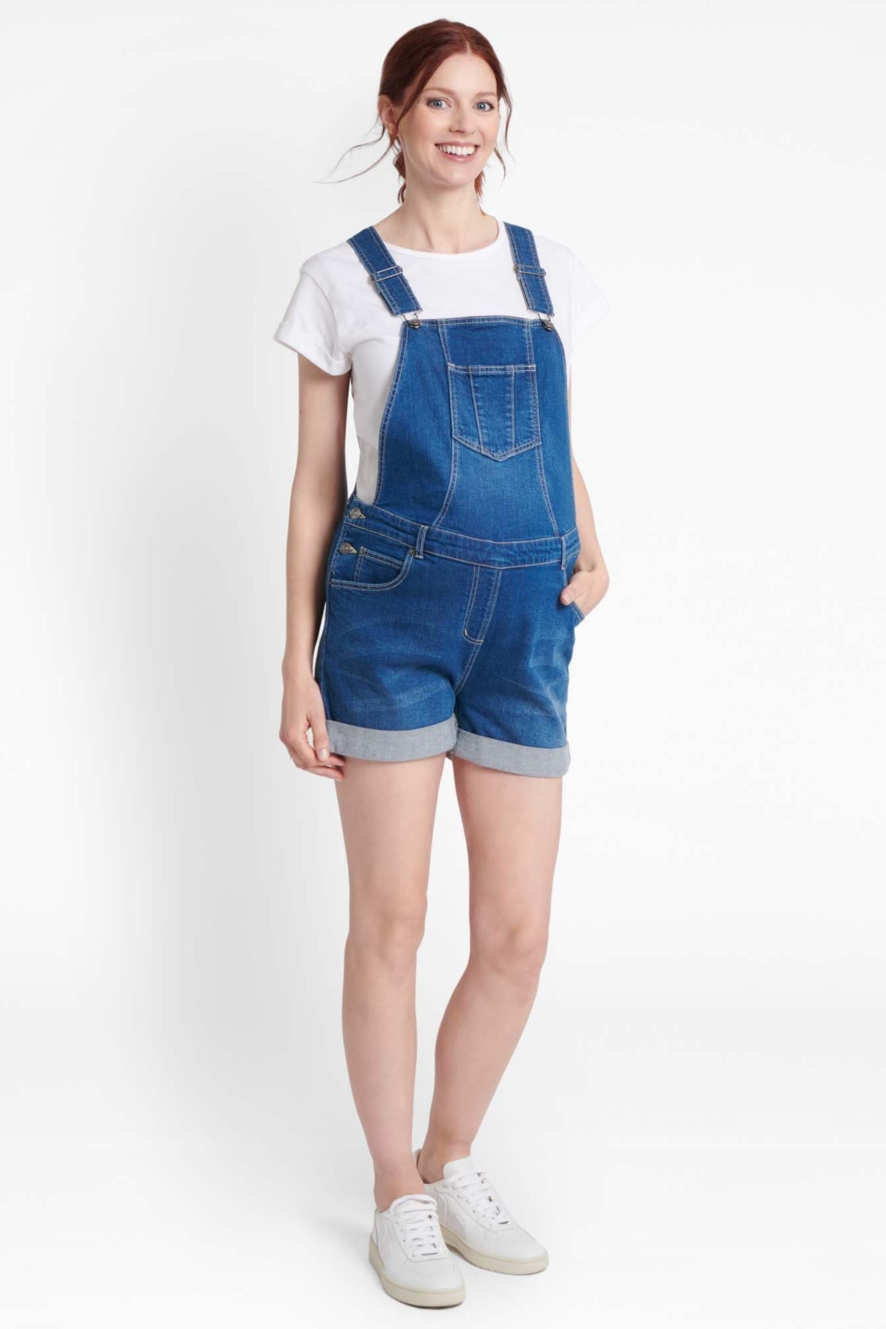 Mid Wash Blue JoJo Maman Bébé Denim Short Maternity Dungarees