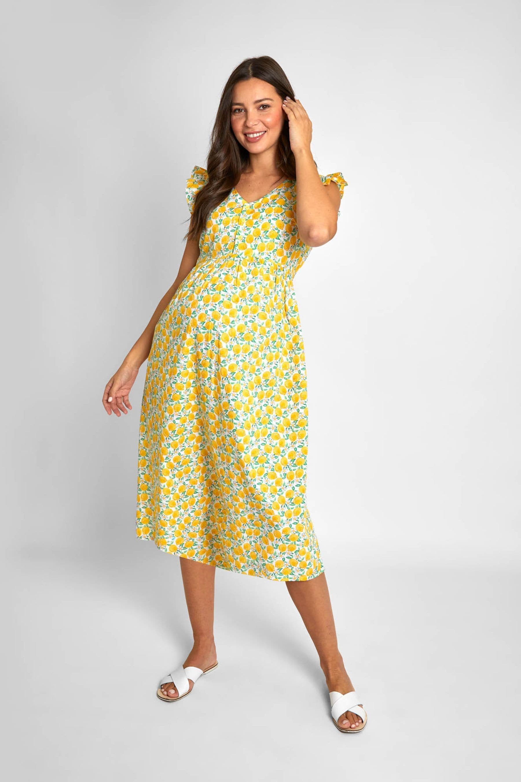 Yellow Lemon Floral Print JoJo Maman Bébé Frill Sleeve Maternity Midi Dress