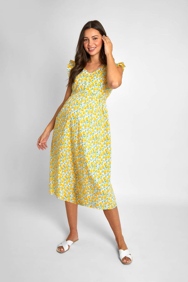 JoJo Maman B?©b?© Yellow Lemon Floral Print Frill Sleeve Maternity Midi Dress