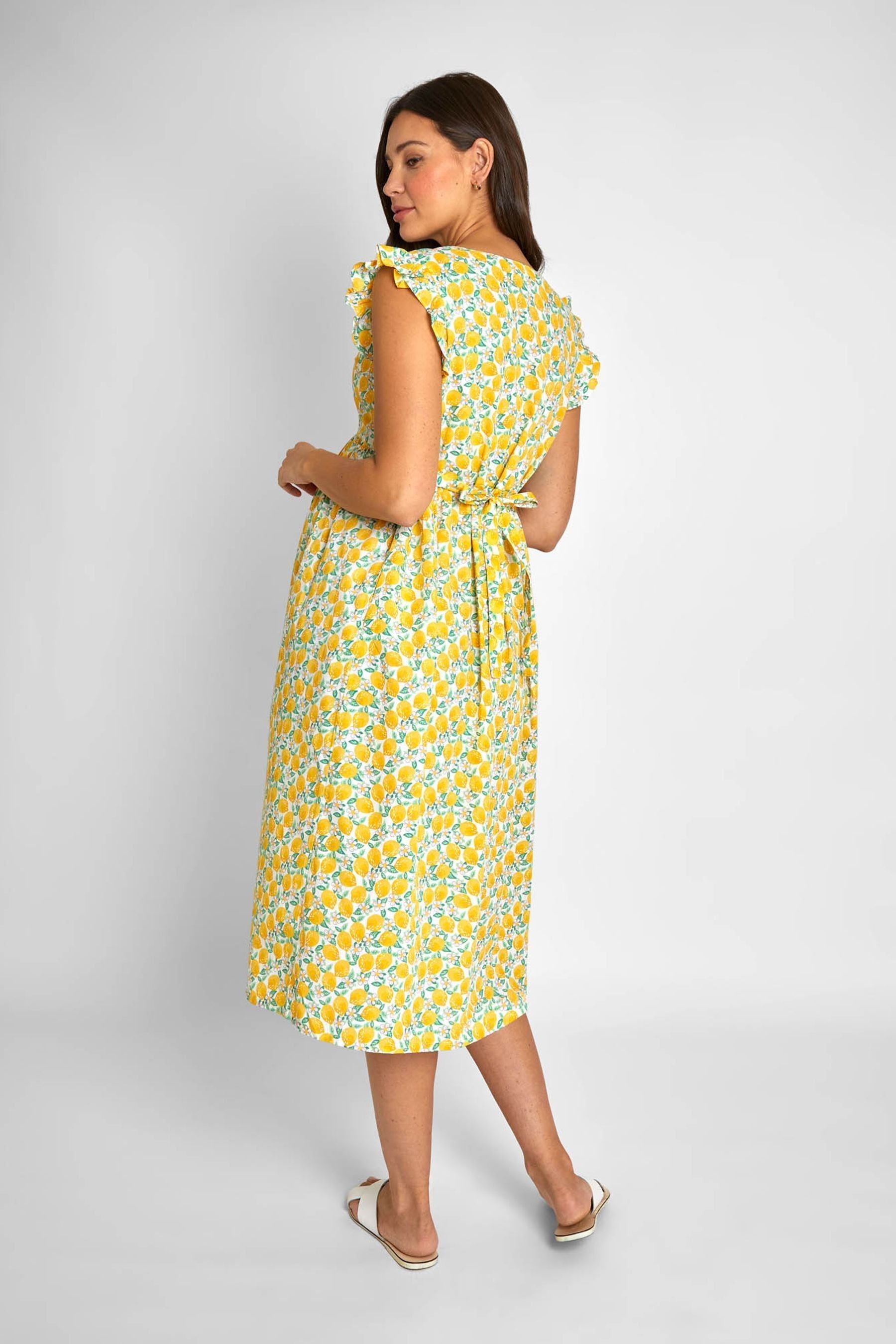 Yellow Lemon Floral Print JoJo Maman Bébé Frill Sleeve Maternity Midi Dress