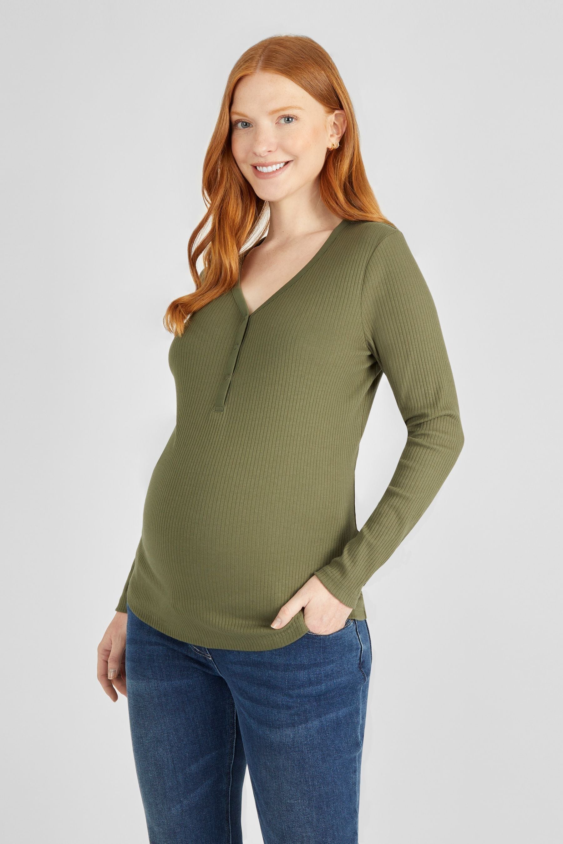 Khaki JoJo Maman Bébé Ribbed Jersey Maternity Top