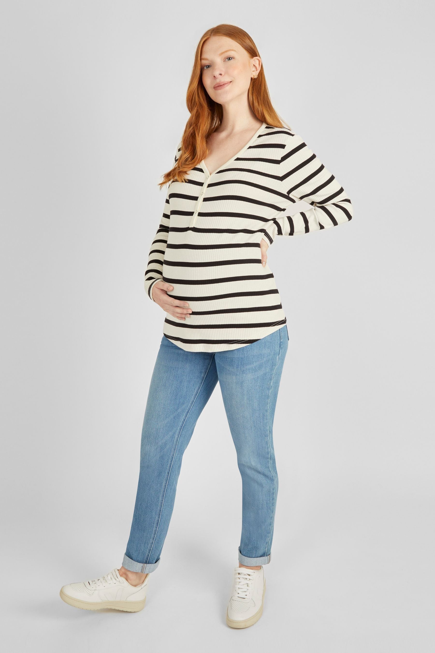 Cream JoJo Maman Bébé Stripe Ribbed Jersey Maternity Top