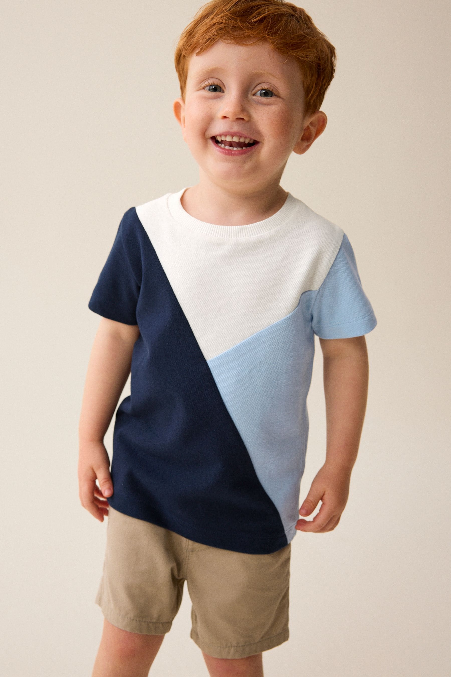 Blue/Navy 100% Cotton Short Sleeve Colourblock T-Shirt (3mths-7yrs)