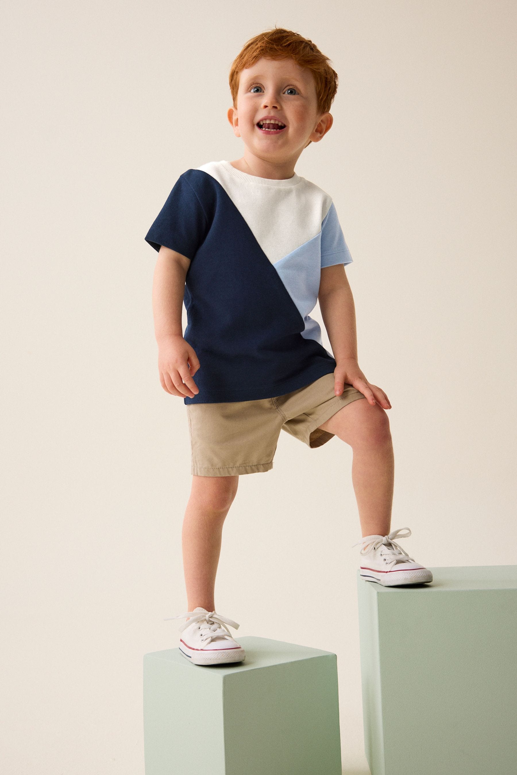 Blue/Navy 100% Cotton Short Sleeve Colourblock T-Shirt (3mths-7yrs)