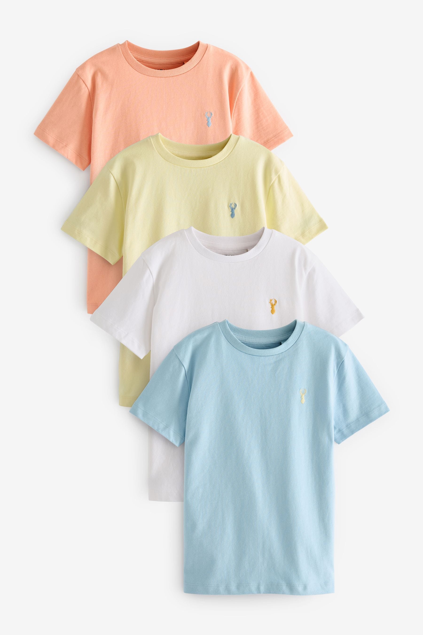 Multi Pastel 100% Cotton Short Sleeve Stag Embroidered T-Shirts 4 Pack (3-16yrs)