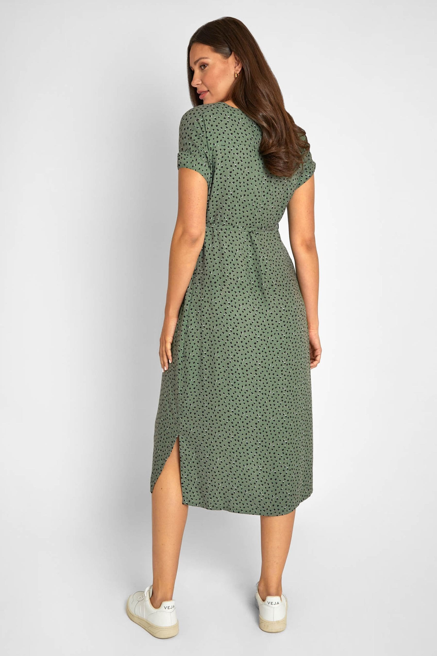 JoJo Maman Bébé Khaki Green Spot Print Button Through V-Neck Maternity Midi Dress