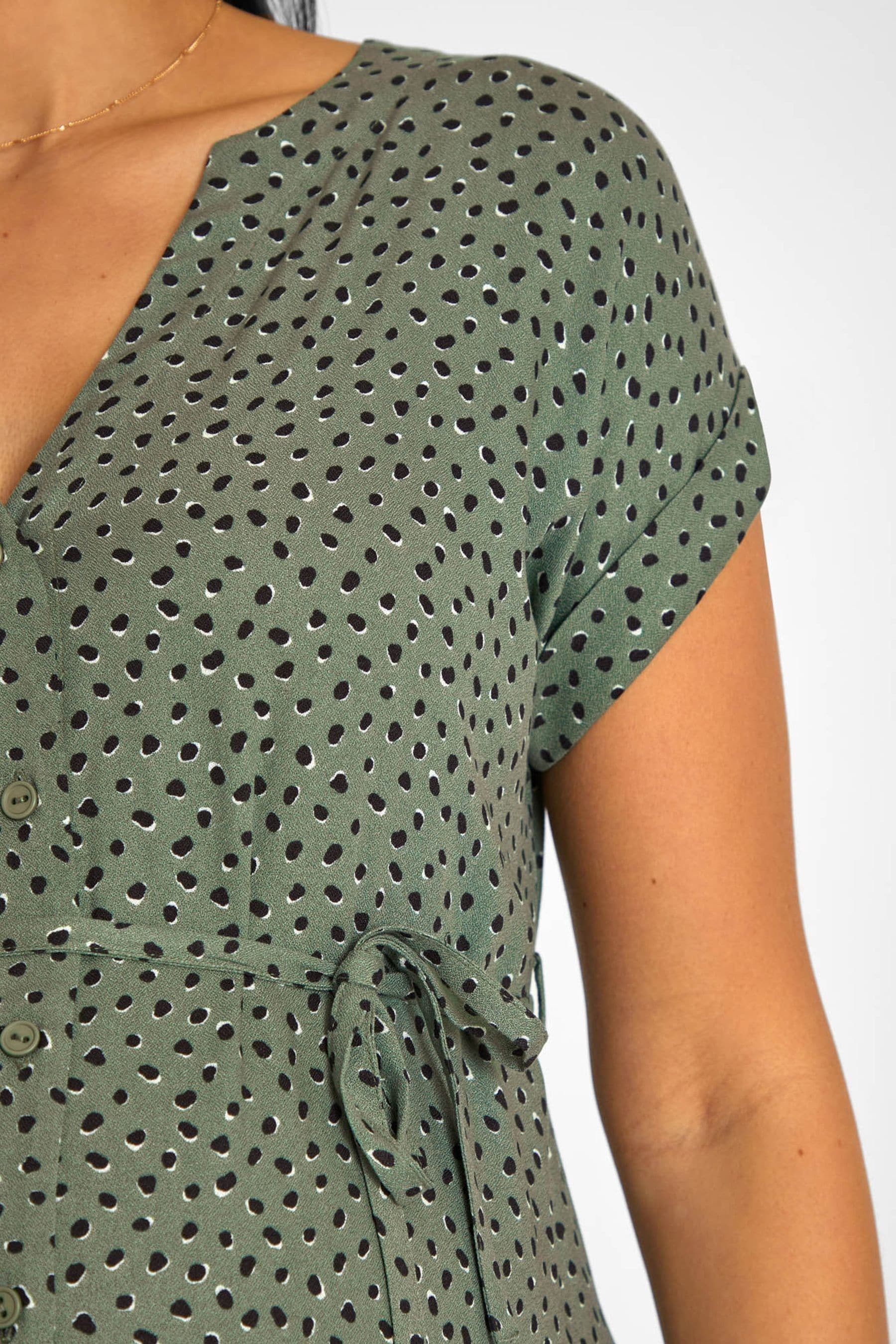 JoJo Maman Bébé Khaki Green Spot Print Button Through V-Neck Maternity Midi Dress