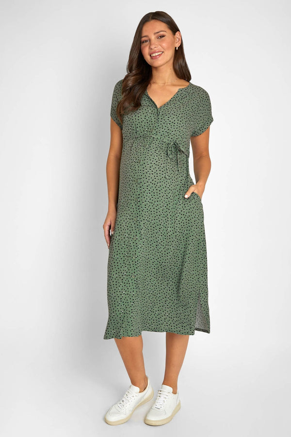 JoJo Maman B?©b?© Khaki Green Spot Print Button Through V-Neck Maternity Midi Dress