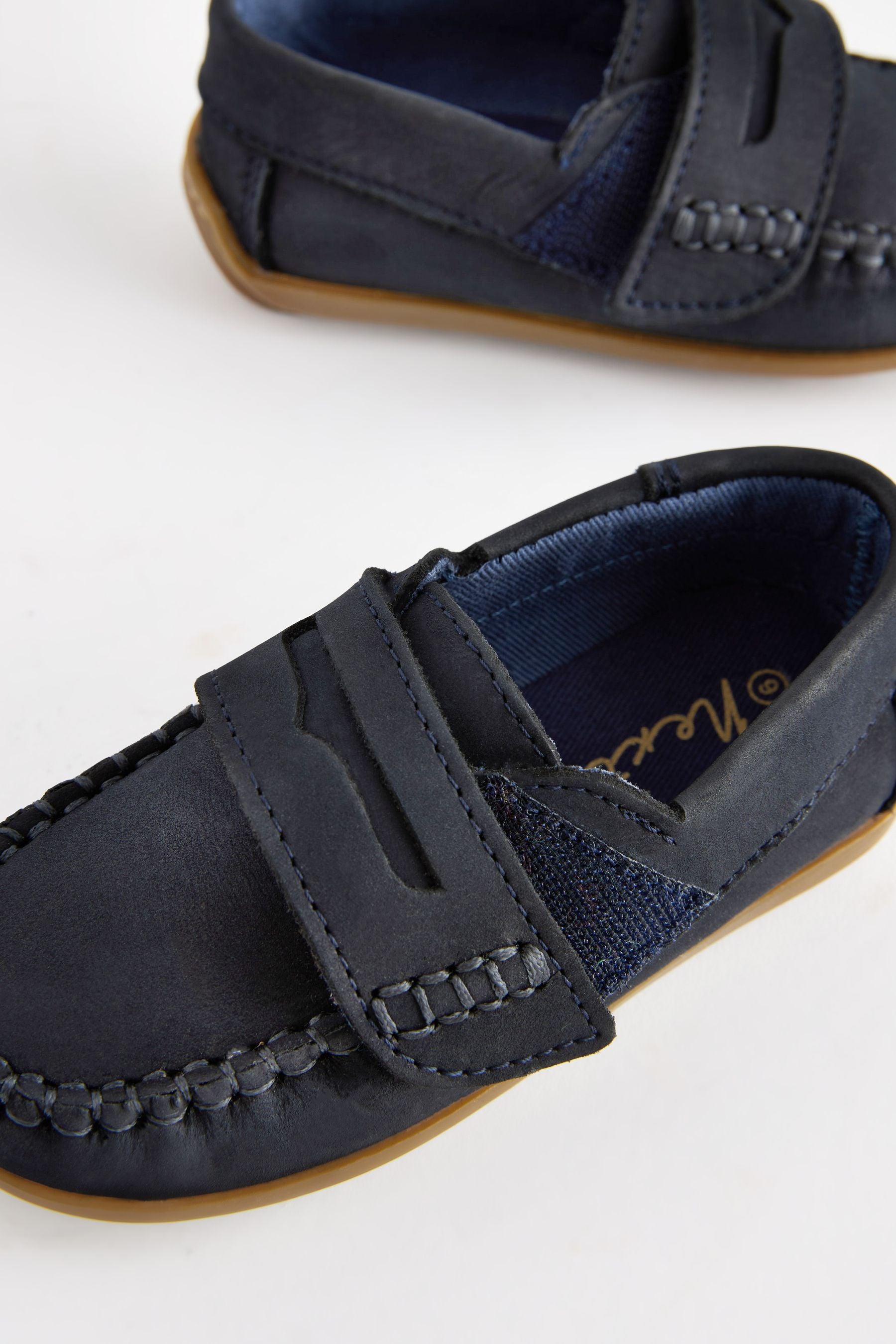 Navy Wide Fit (G) Leather Penny Loafers with Touch and Close Fastening