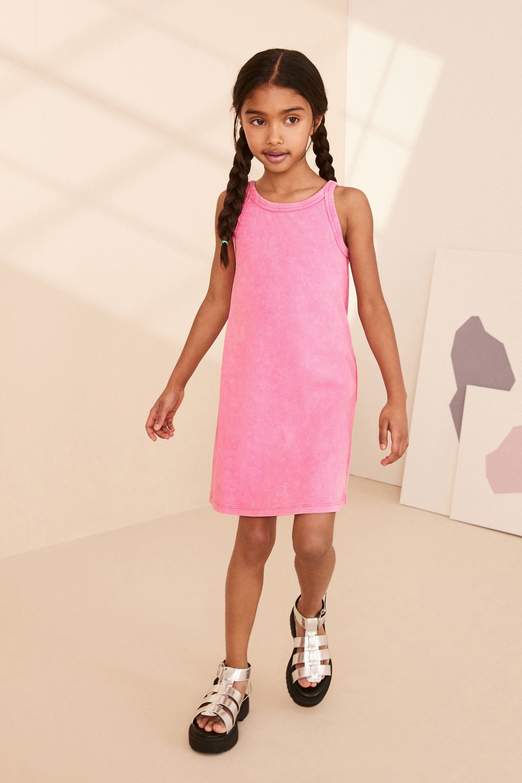 Pink Acid Wash Ribbed Racer Jersey Dress (3-16yrs)