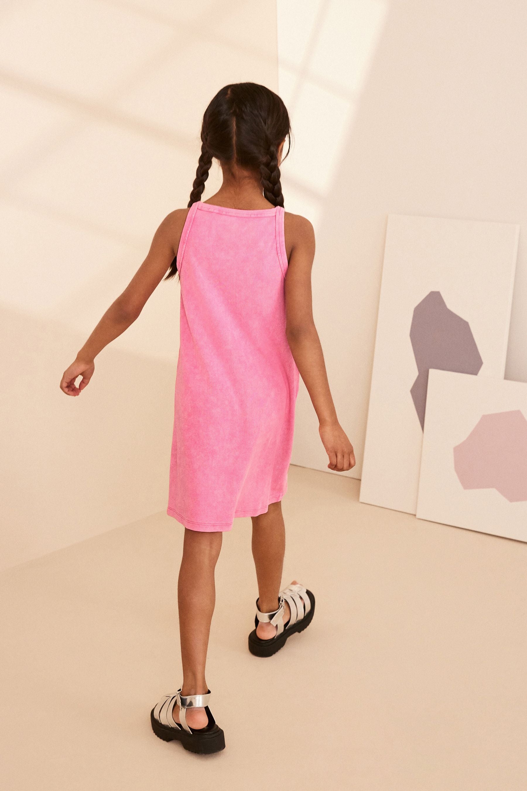 Pink Acid Wash Ribbed Racer Jersey Dress (3-16yrs)