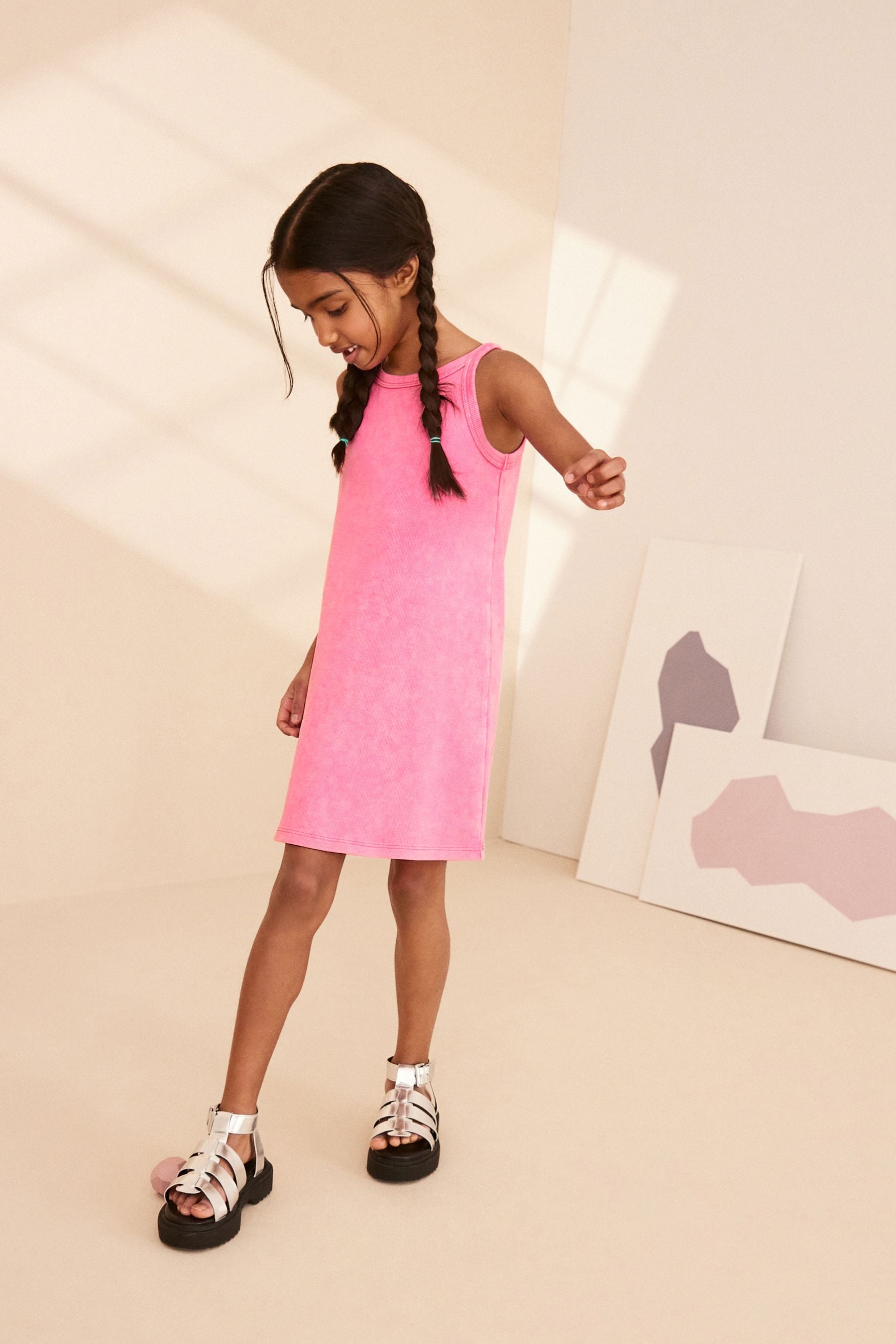 Pink Acid Wash Ribbed Racer Jersey Dress (3-16yrs)