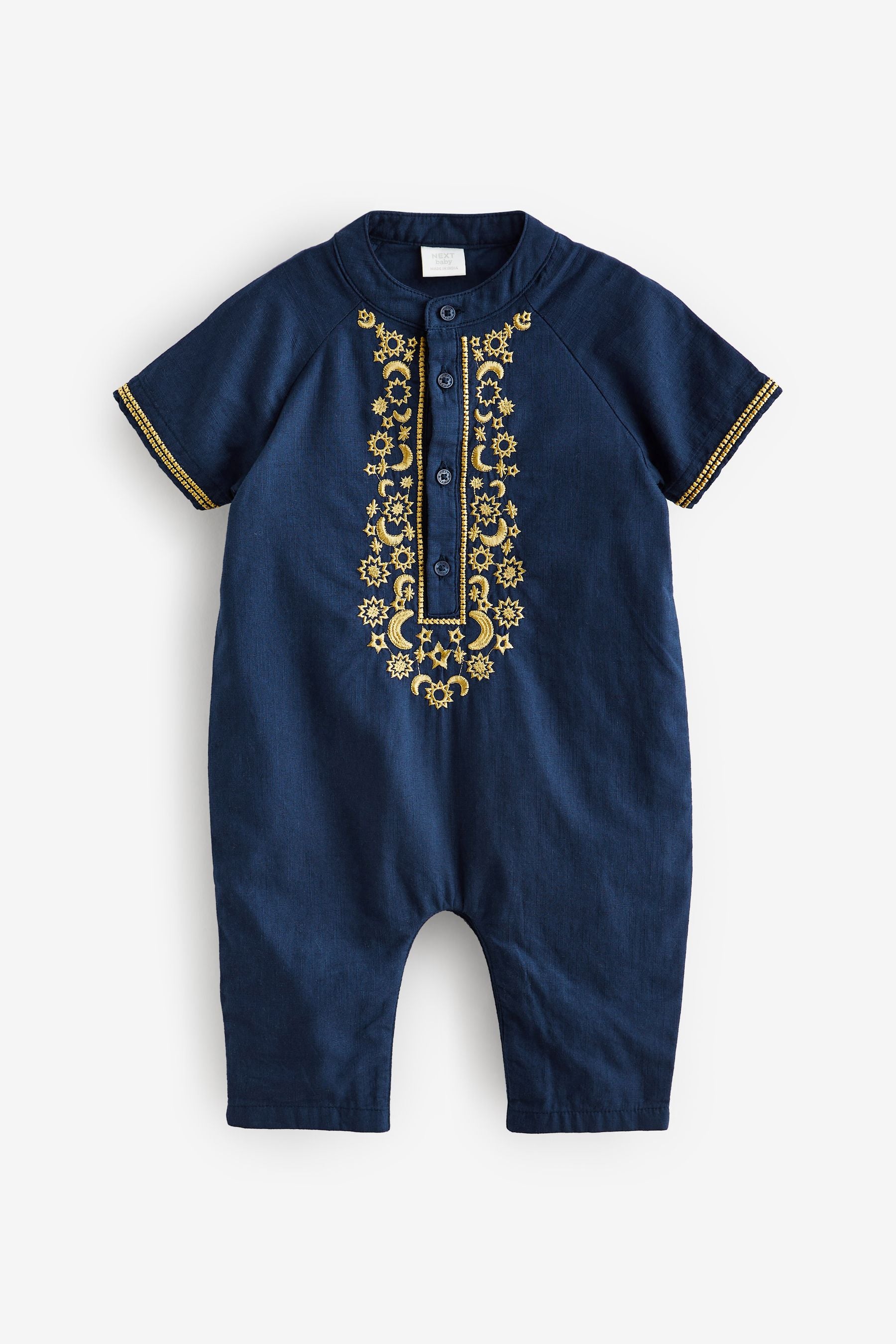 Navy Blue Occasion Linen Blend Baby Romper (0mths-2yrs)