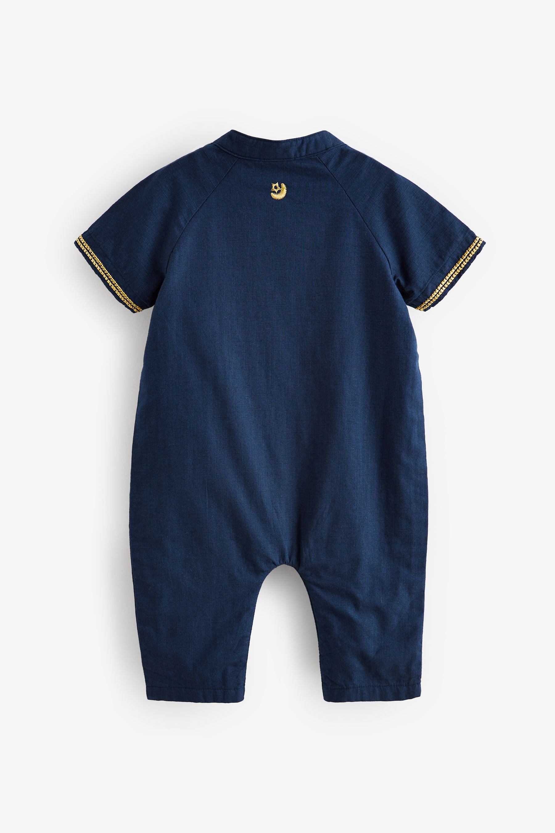 Navy Blue Occasion Linen Blend Baby Romper (0mths-2yrs)