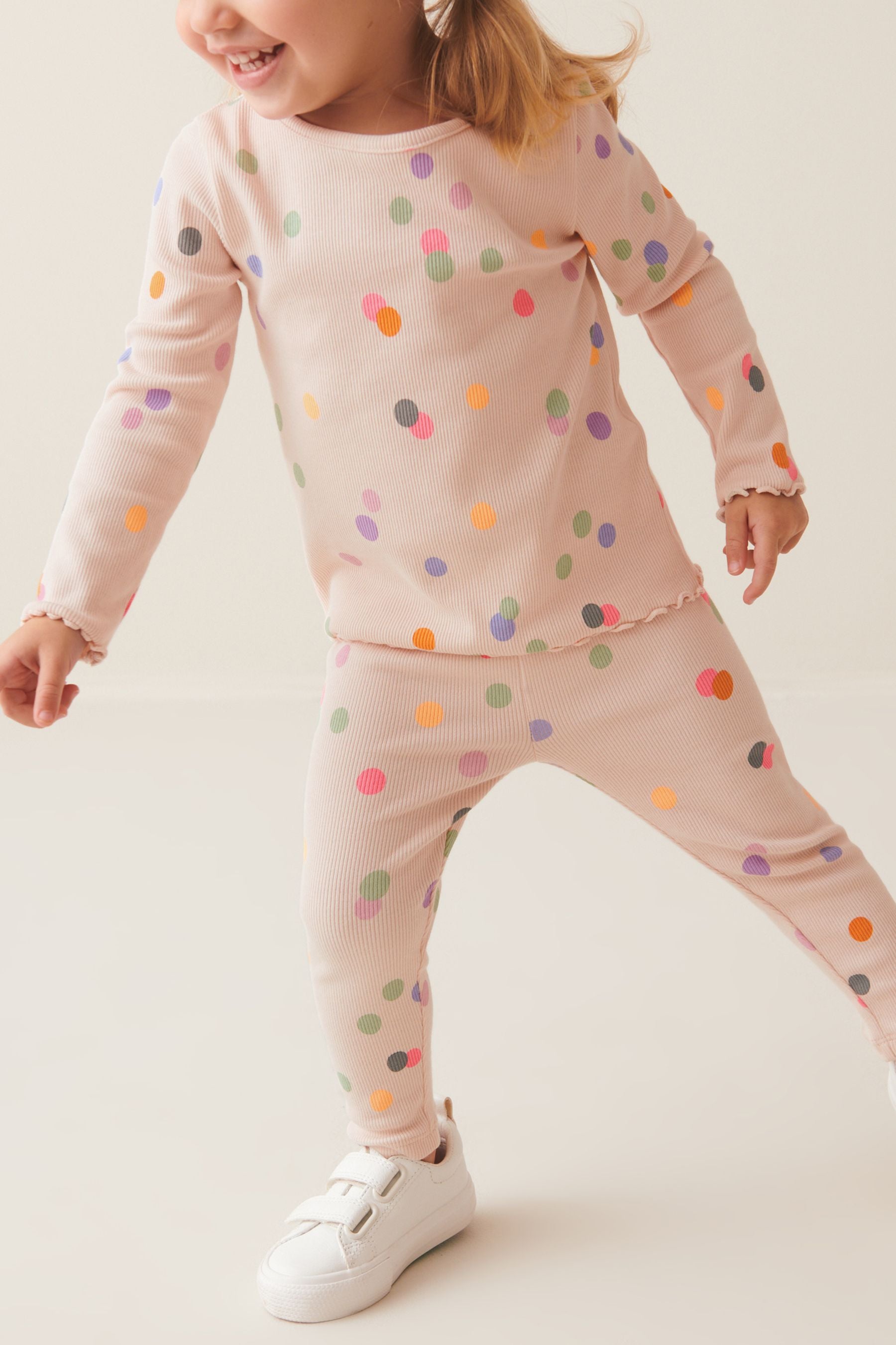 Cream Rainbow Polka Dot Cotton Rich Long Sleeve Rib T-Shirt (3mths-7yrs)