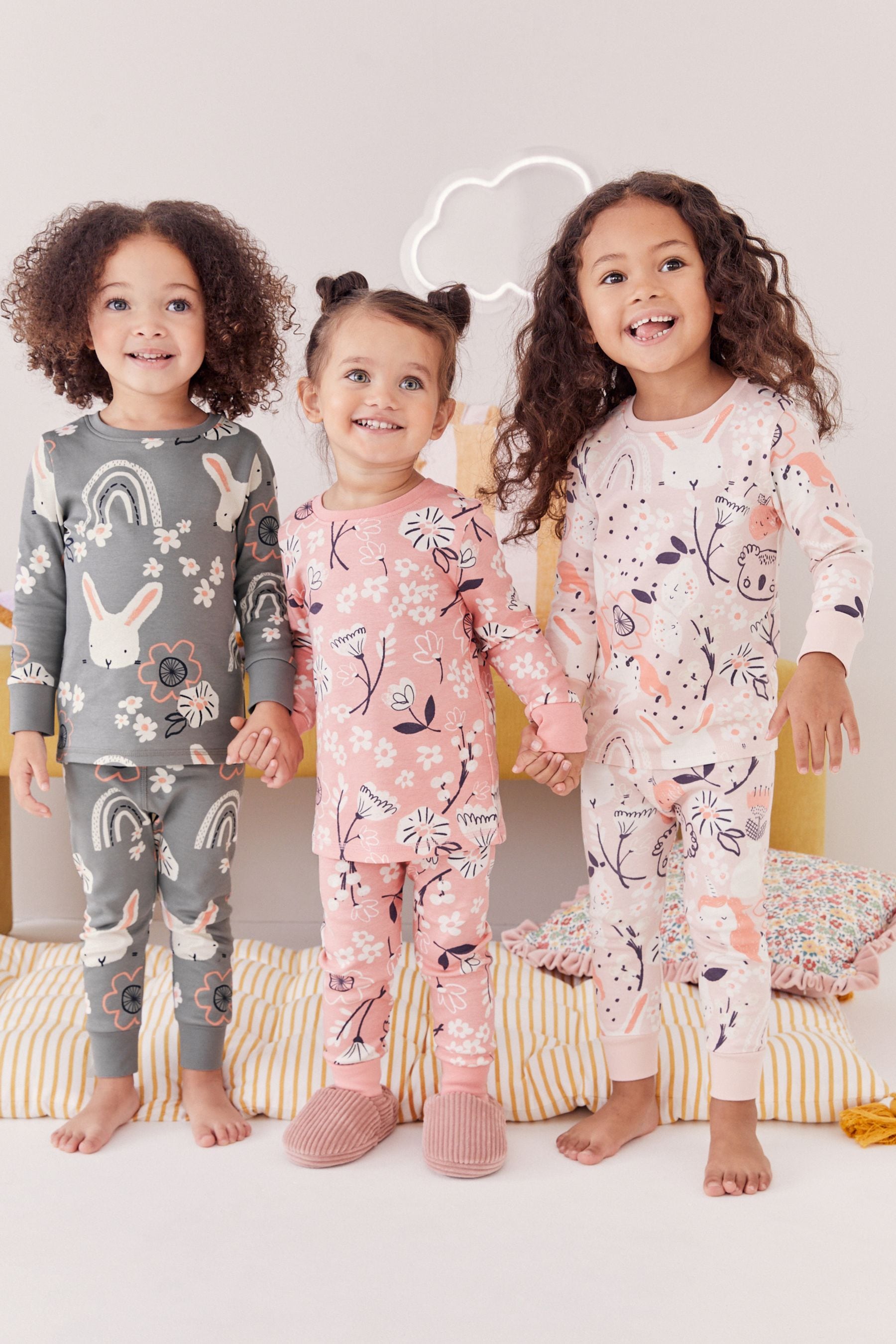 Pink/Grey Bunny Printed Long Sleeve 100% Cotton Pyjamas 3 Pack (9mths-8yrs)