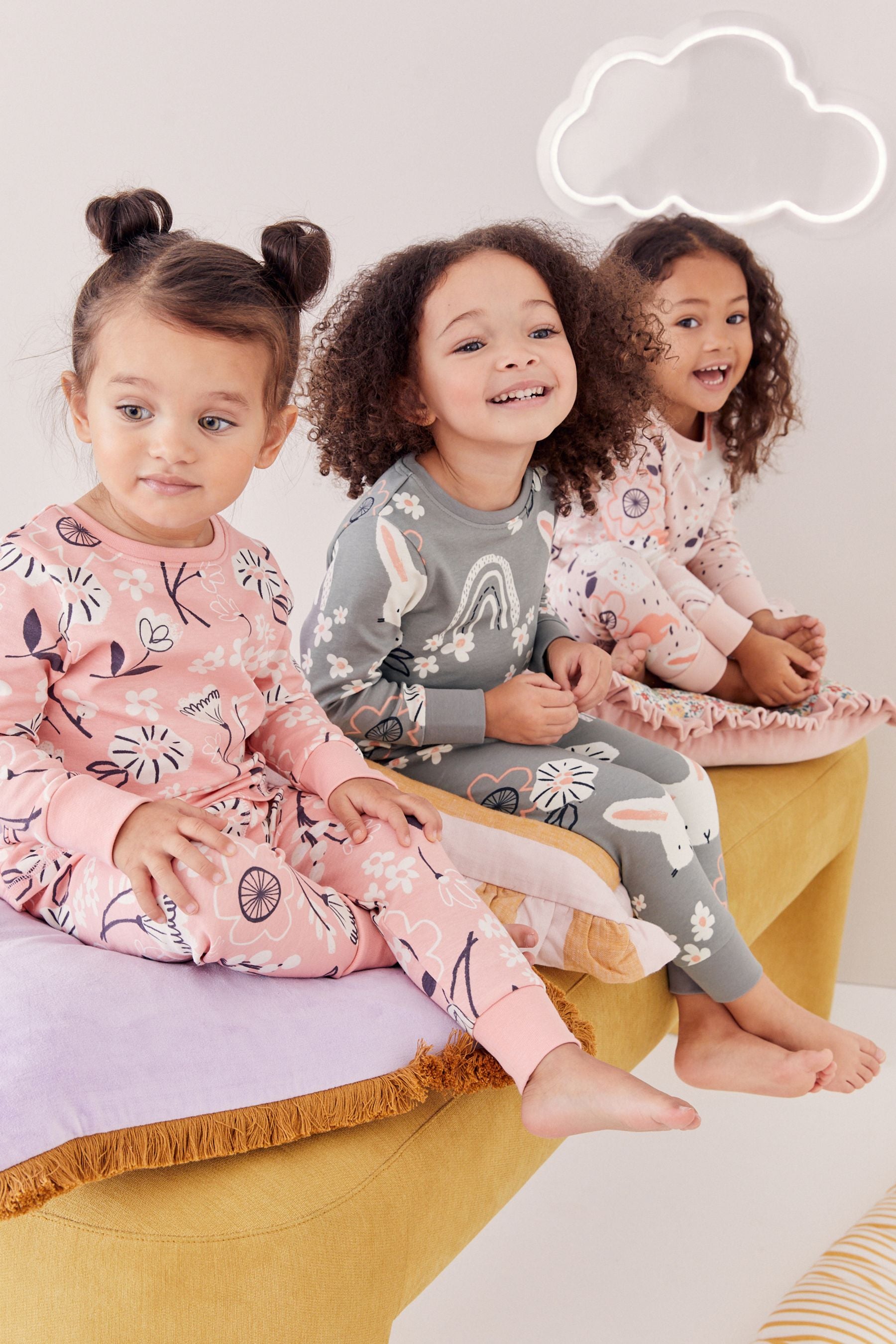 Pink/Grey Bunny Printed Long Sleeve 100% Cotton Pyjamas 3 Pack (9mths-8yrs)