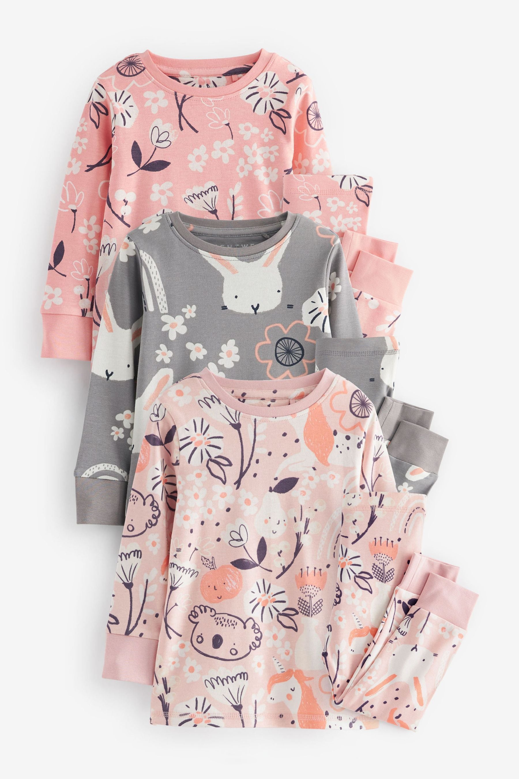 Pink/Grey Bunny Printed Long Sleeve 100% Cotton Pyjamas 3 Pack (9mths-8yrs)