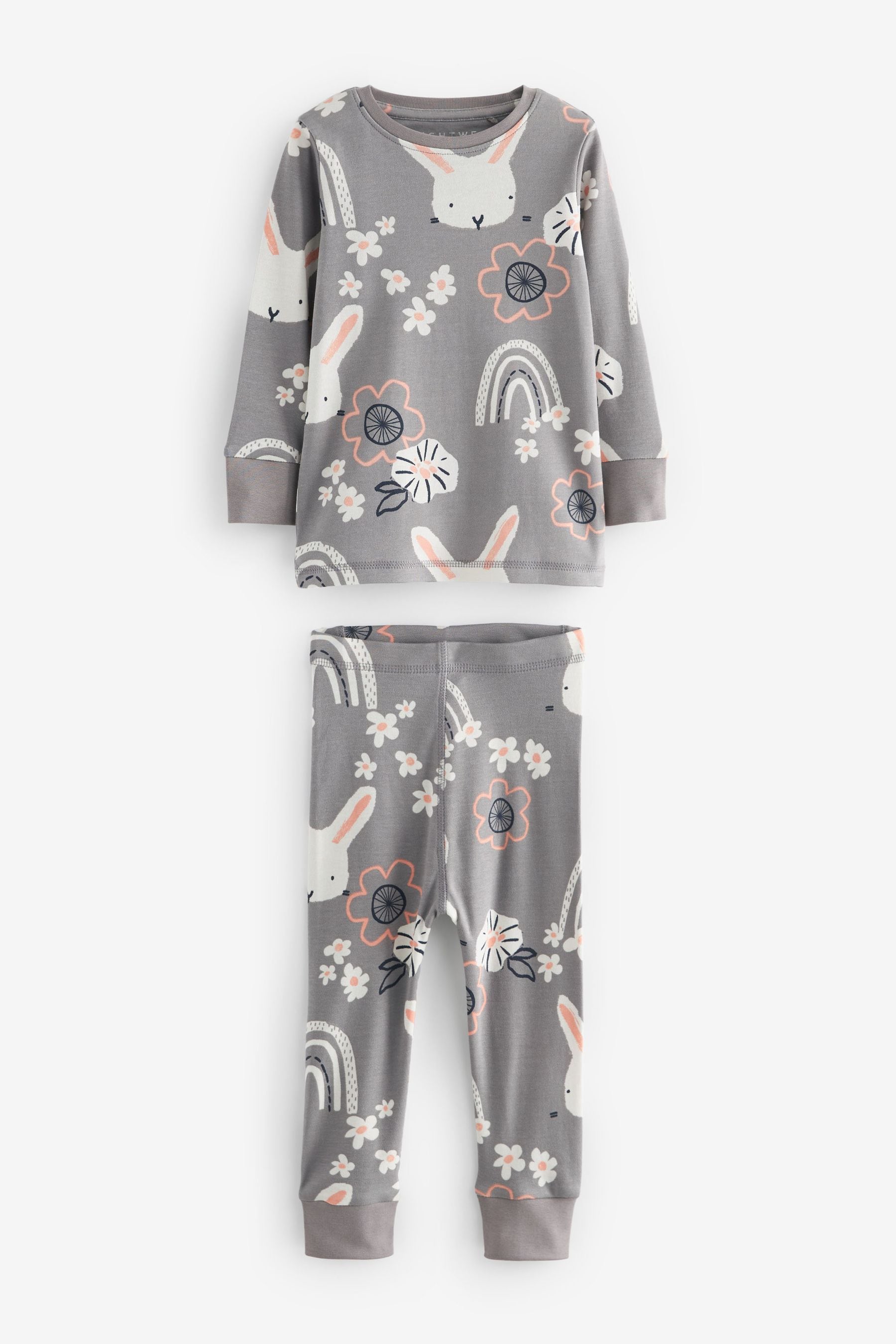 Pink/Grey Bunny Printed Long Sleeve 100% Cotton Pyjamas 3 Pack (9mths-8yrs)