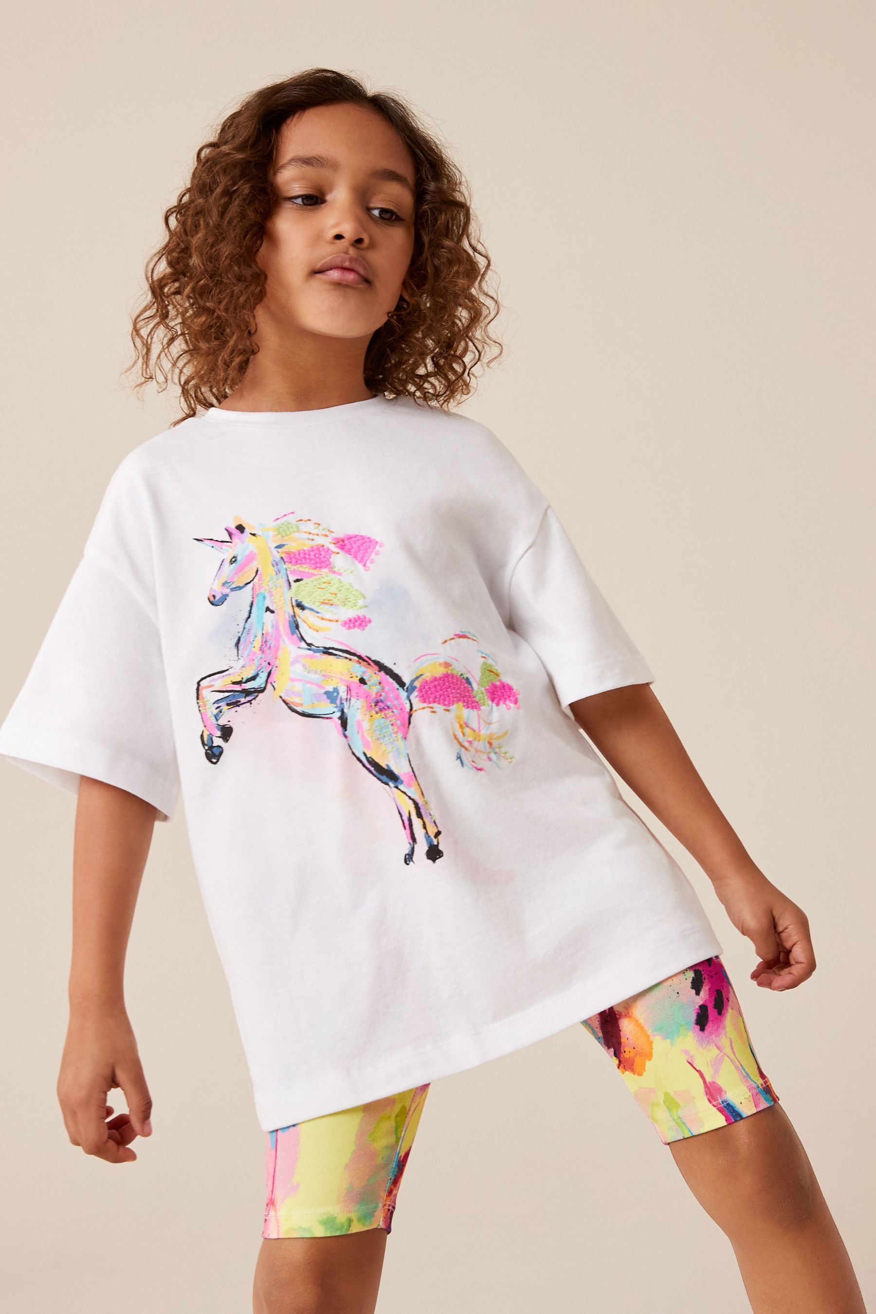 Ecru White Rainbow Unicorn Oversized T-Shirt and Cycle Shorts Set (3-16yrs)