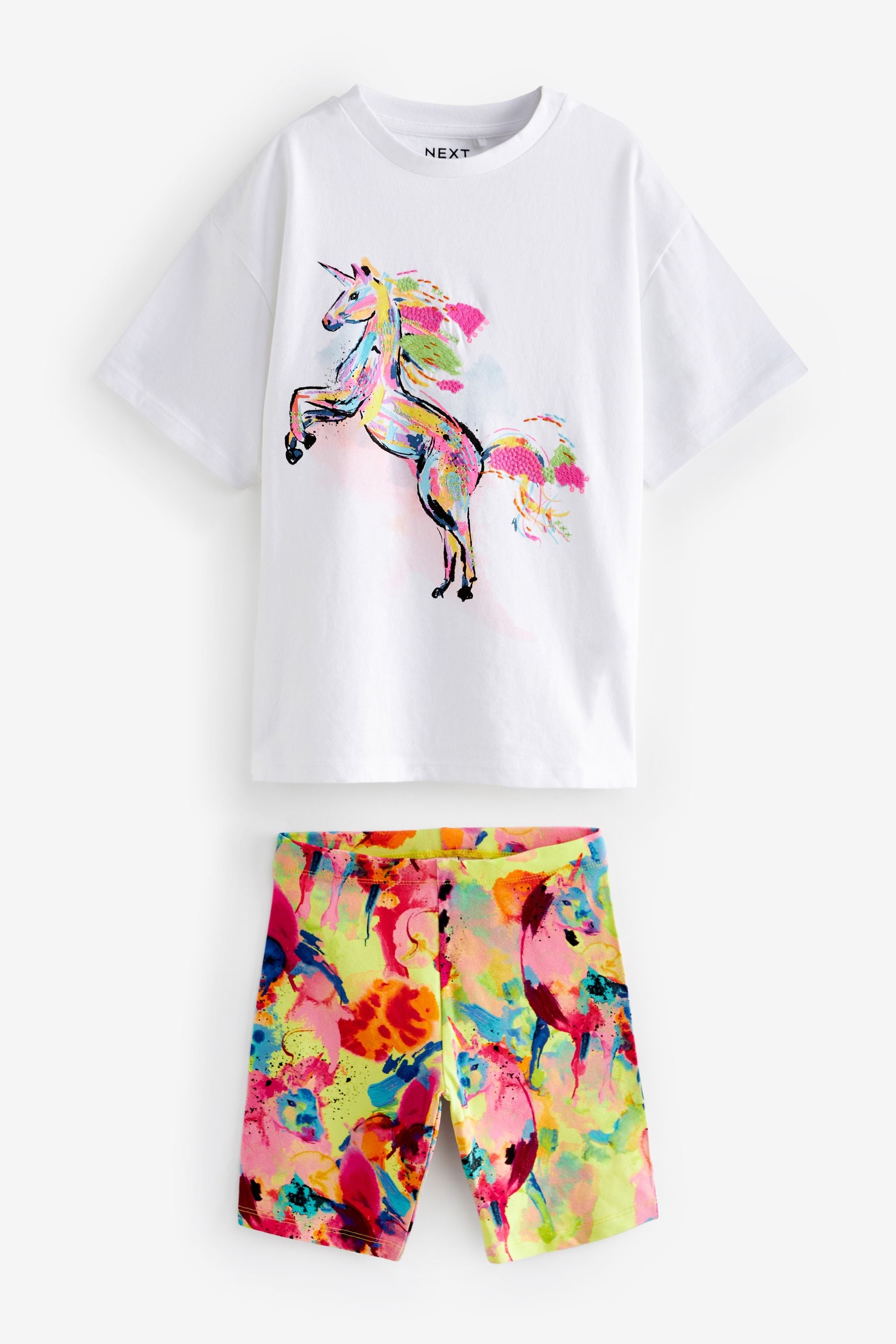 Ecru White Rainbow Unicorn Oversized T-Shirt and Cycle Shorts Set (3-16yrs)