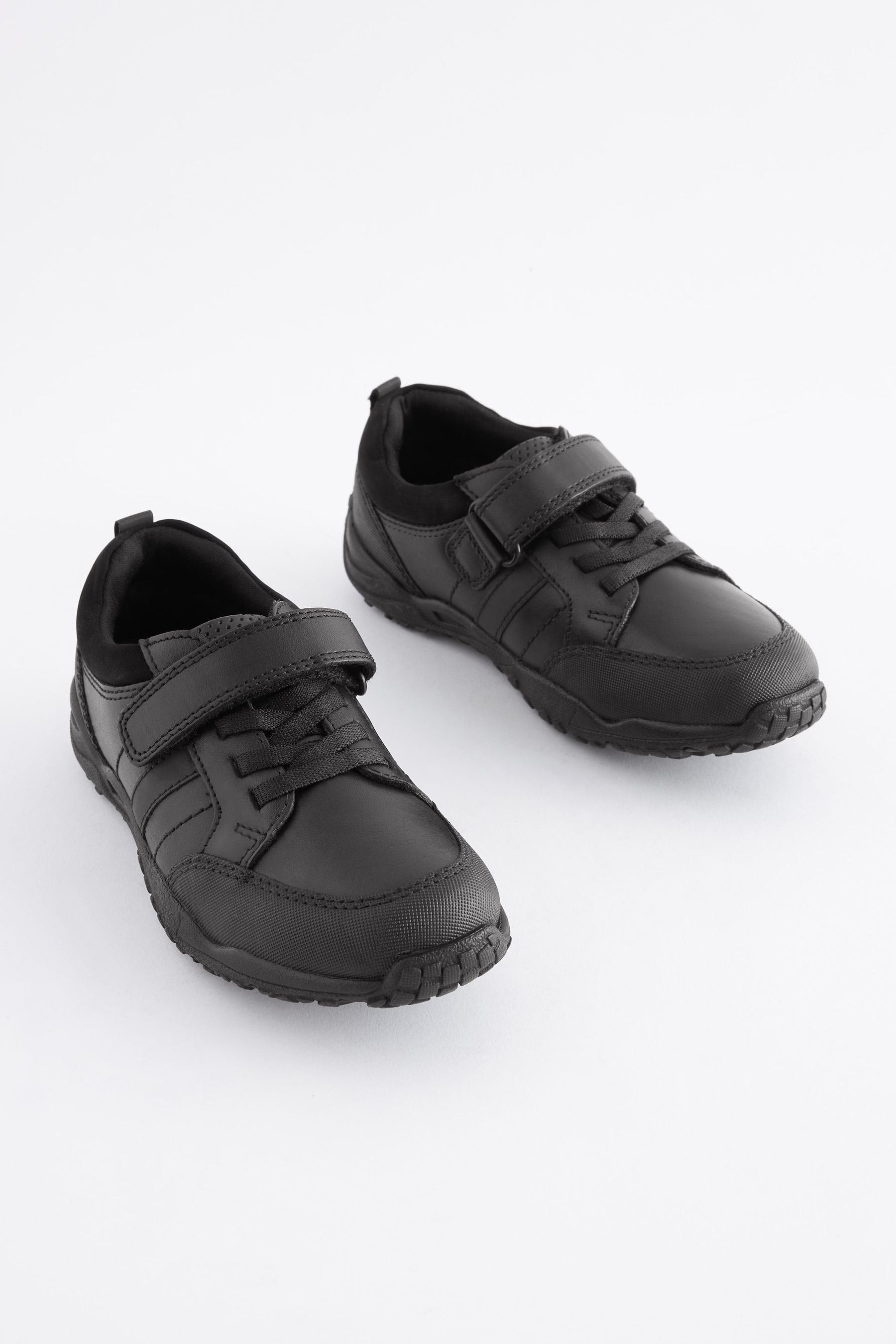 Black Narrow Fit (E) School Leather Elastic Lace Shoes