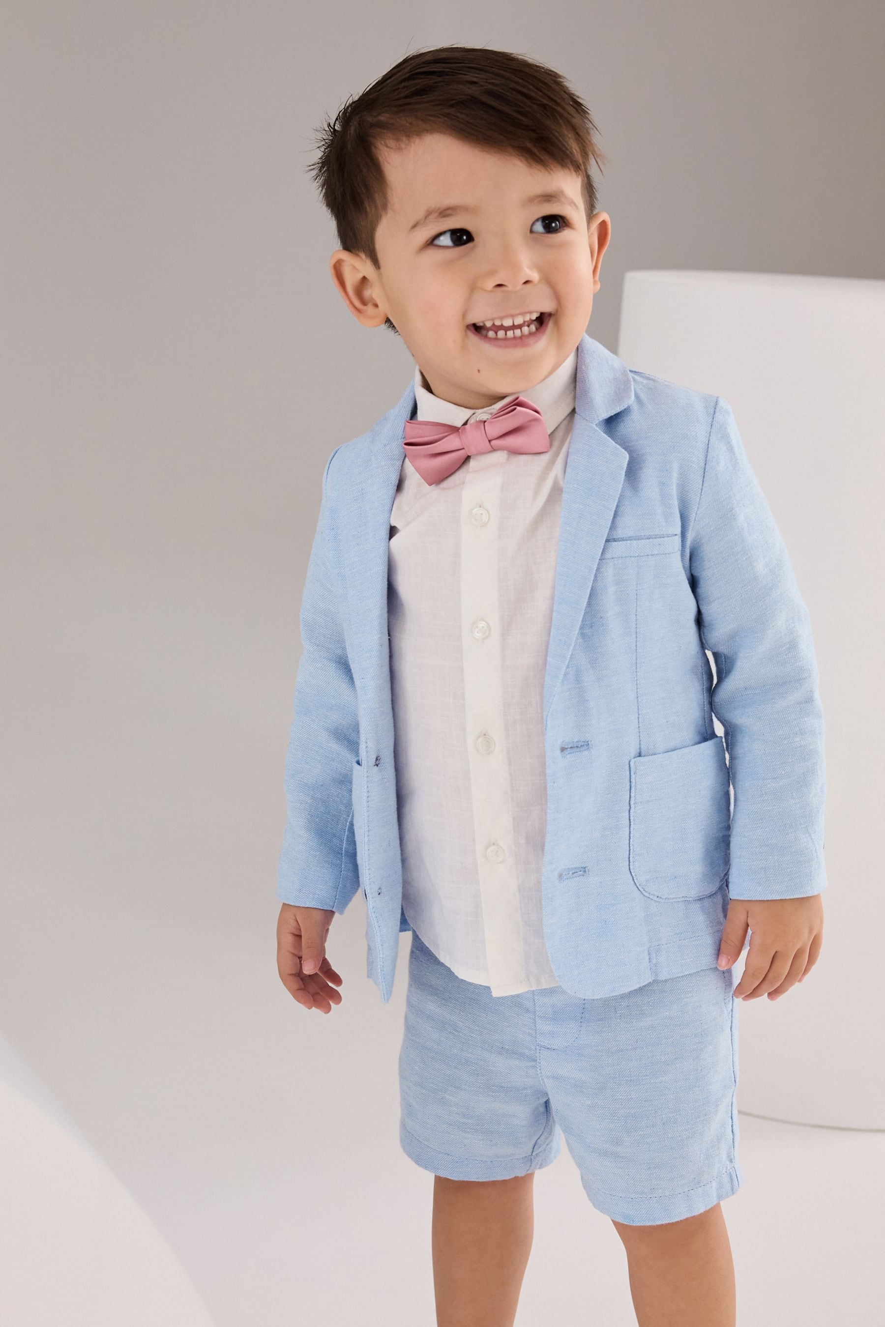 Blue Linen Blend Blazer, Shirt, Short & Bowtie Set (3mths-9yrs)