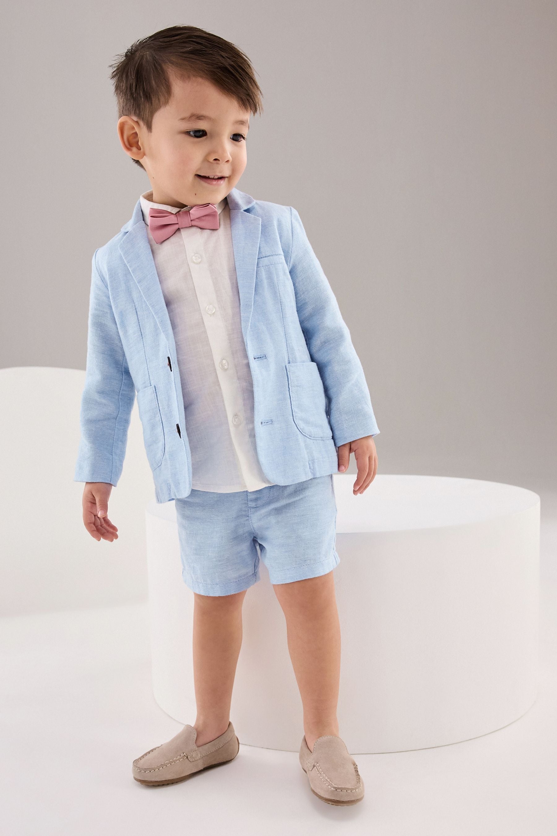 Blue Linen Blend Blazer, Shirt, Short & Bowtie Set (3mths-9yrs)