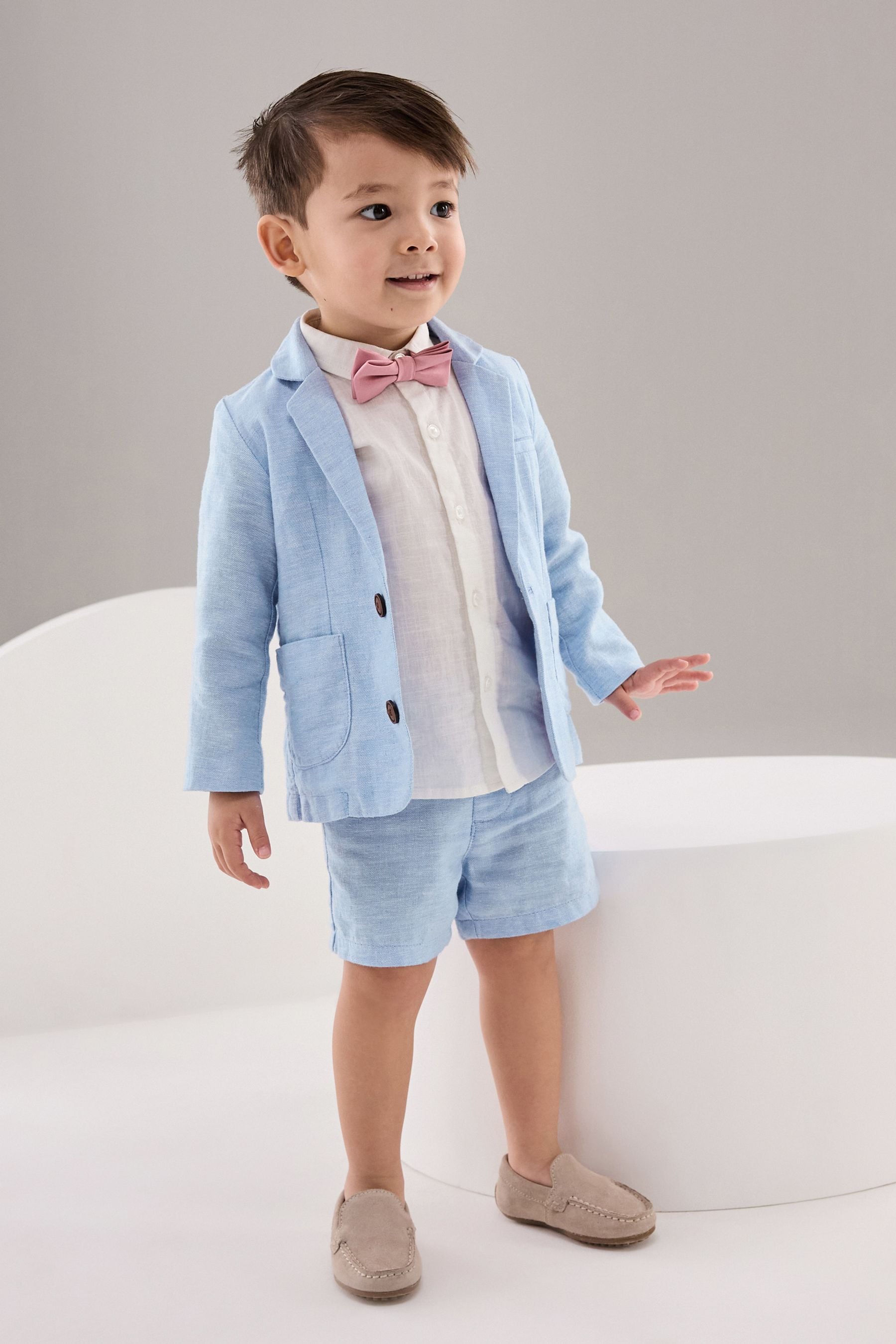 Blue Linen Blend Blazer, Shirt, Short & Bowtie Set (3mths-9yrs)