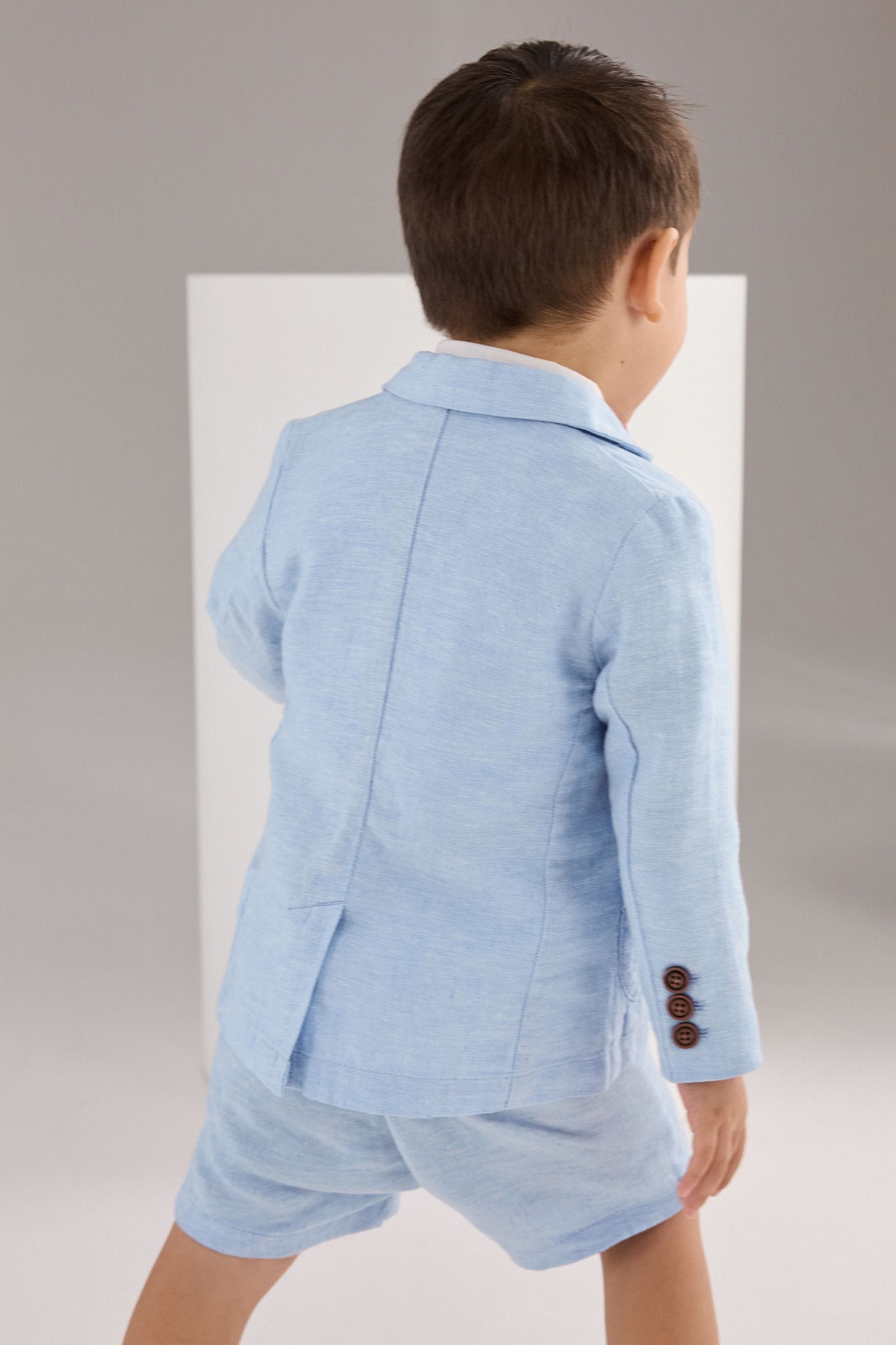 Blue Linen Blend Blazer, Shirt, Short & Bowtie Set (3mths-9yrs)