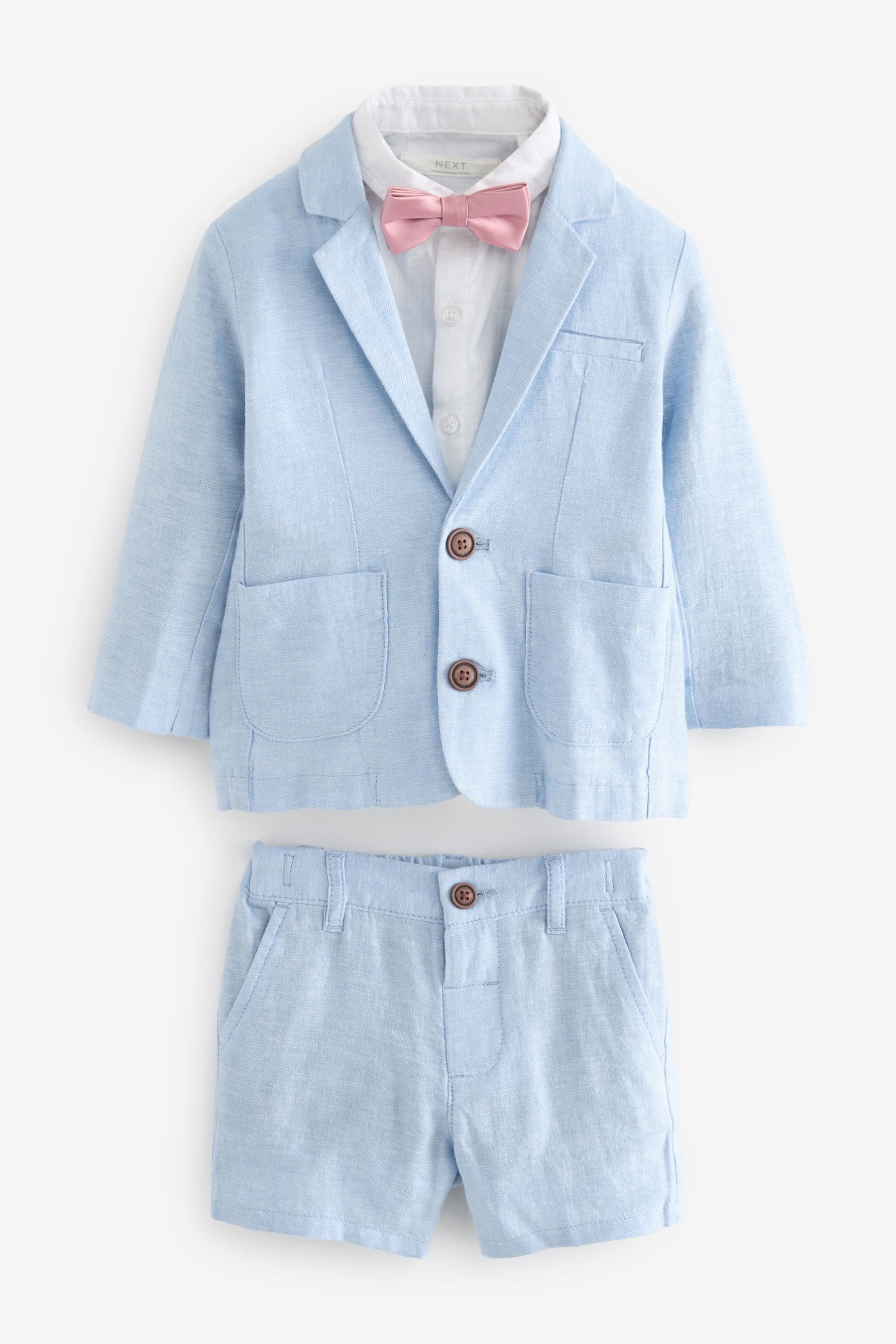 Blue Linen Blend Blazer, Shirt, Short & Bowtie Set (3mths-9yrs)