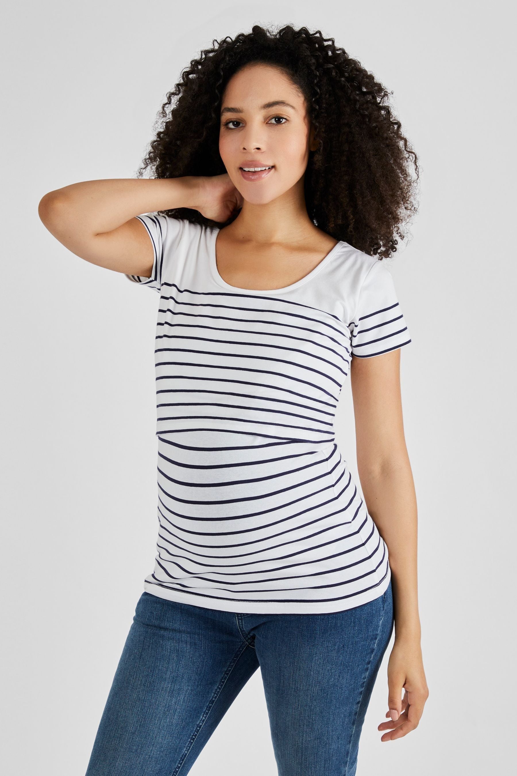 White Navy Stripe JoJo Maman Bébé Breton Stripe Nursing T-Shirt