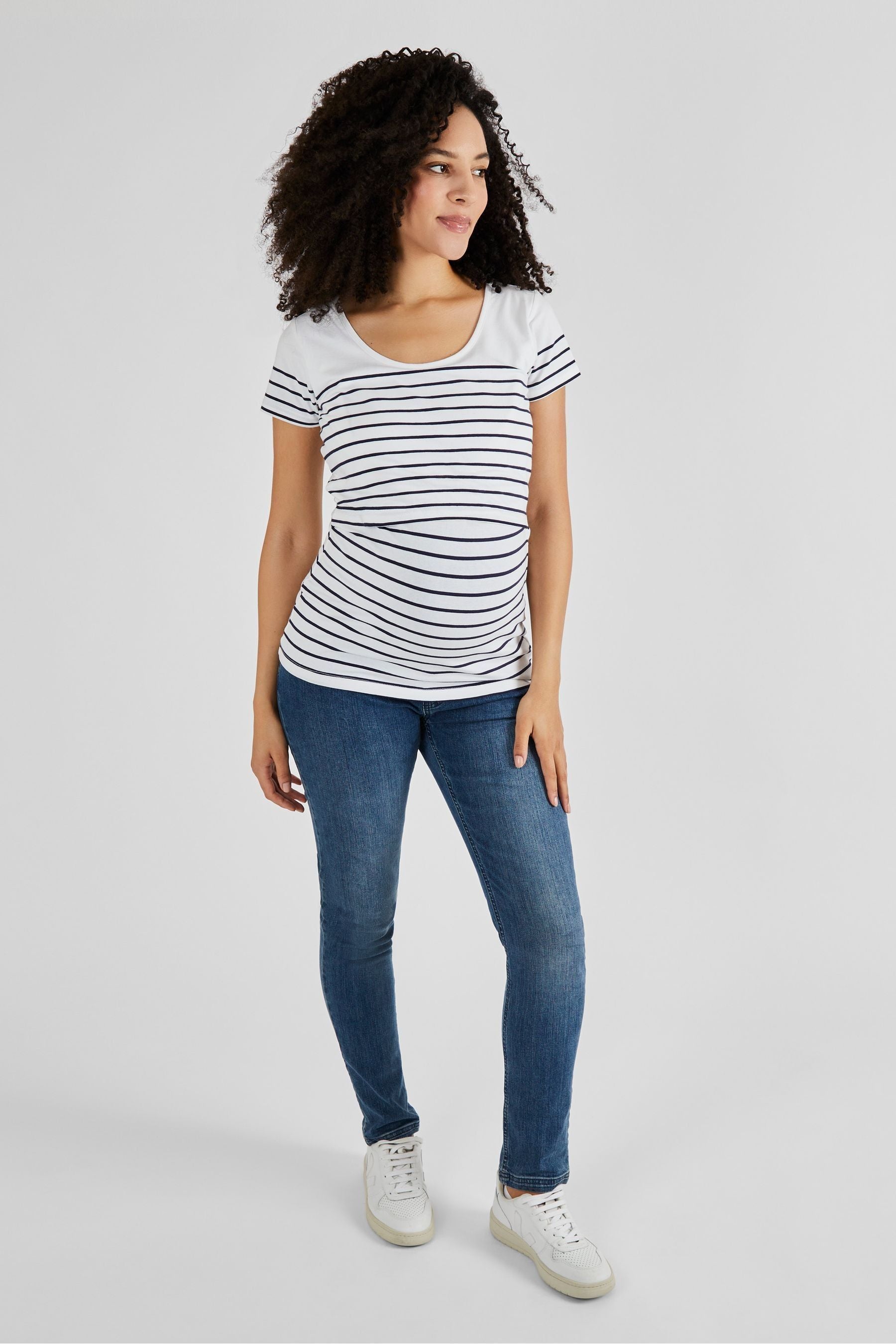 White Navy Stripe JoJo Maman Bébé Breton Stripe Nursing T-Shirt