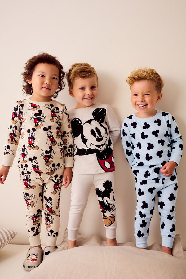 Blue/Ecru Mickey Mouse Snuggle 100% Cotton Pyjamas 3 Pack (9mths-10yrs)