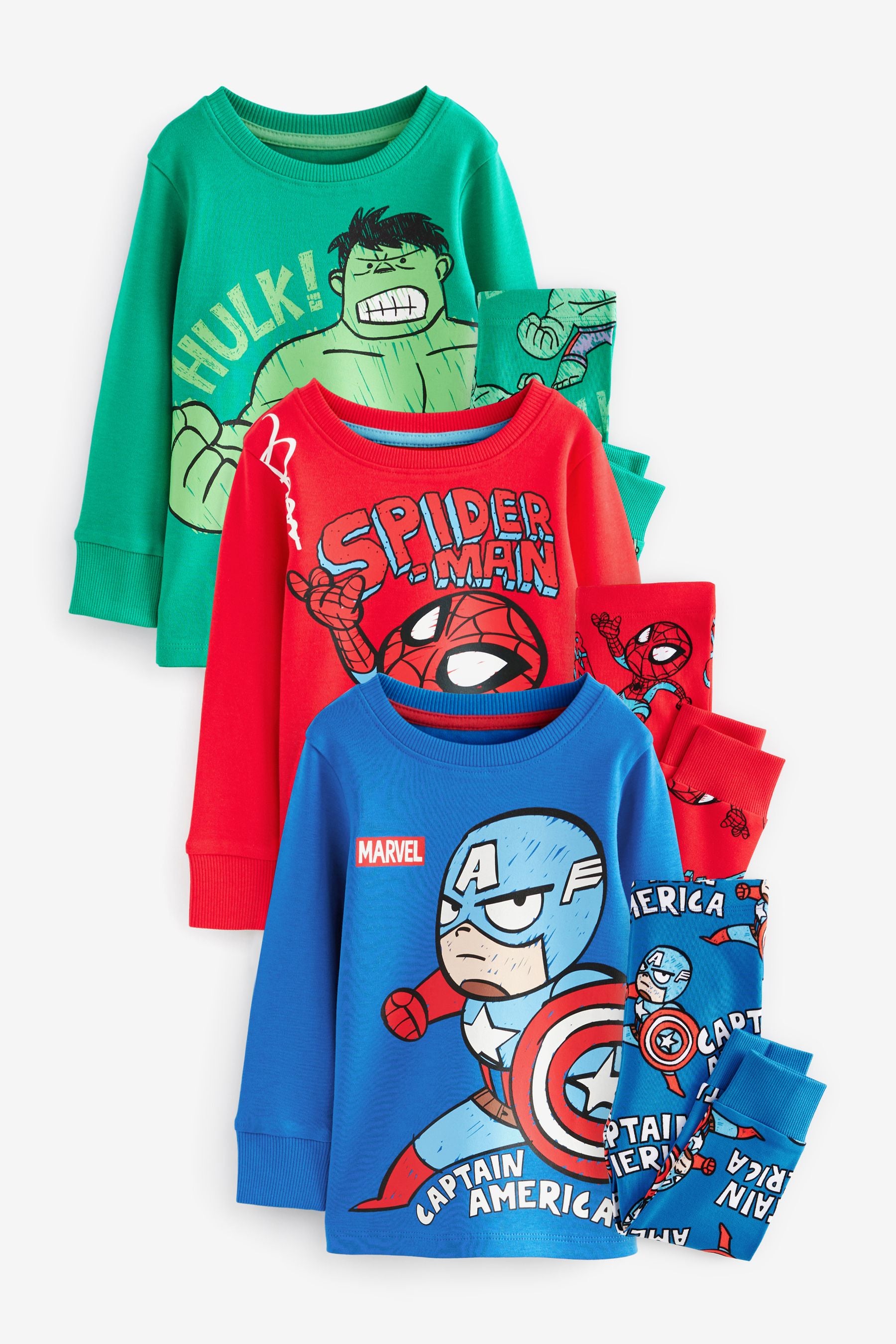 Marvel Red/Green/Blue Snuggle Pyjamas 3 Pack (9mths-8yrs)