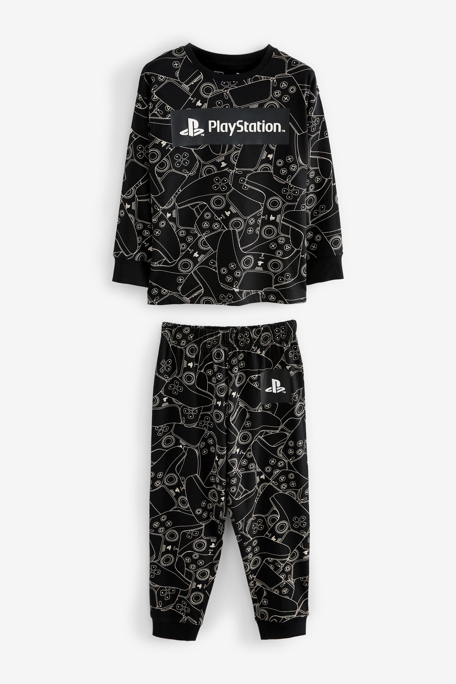 Black/White Playstation Single Long Leg Sleeve 100% Cotton Pyjamas (3-16yrs)